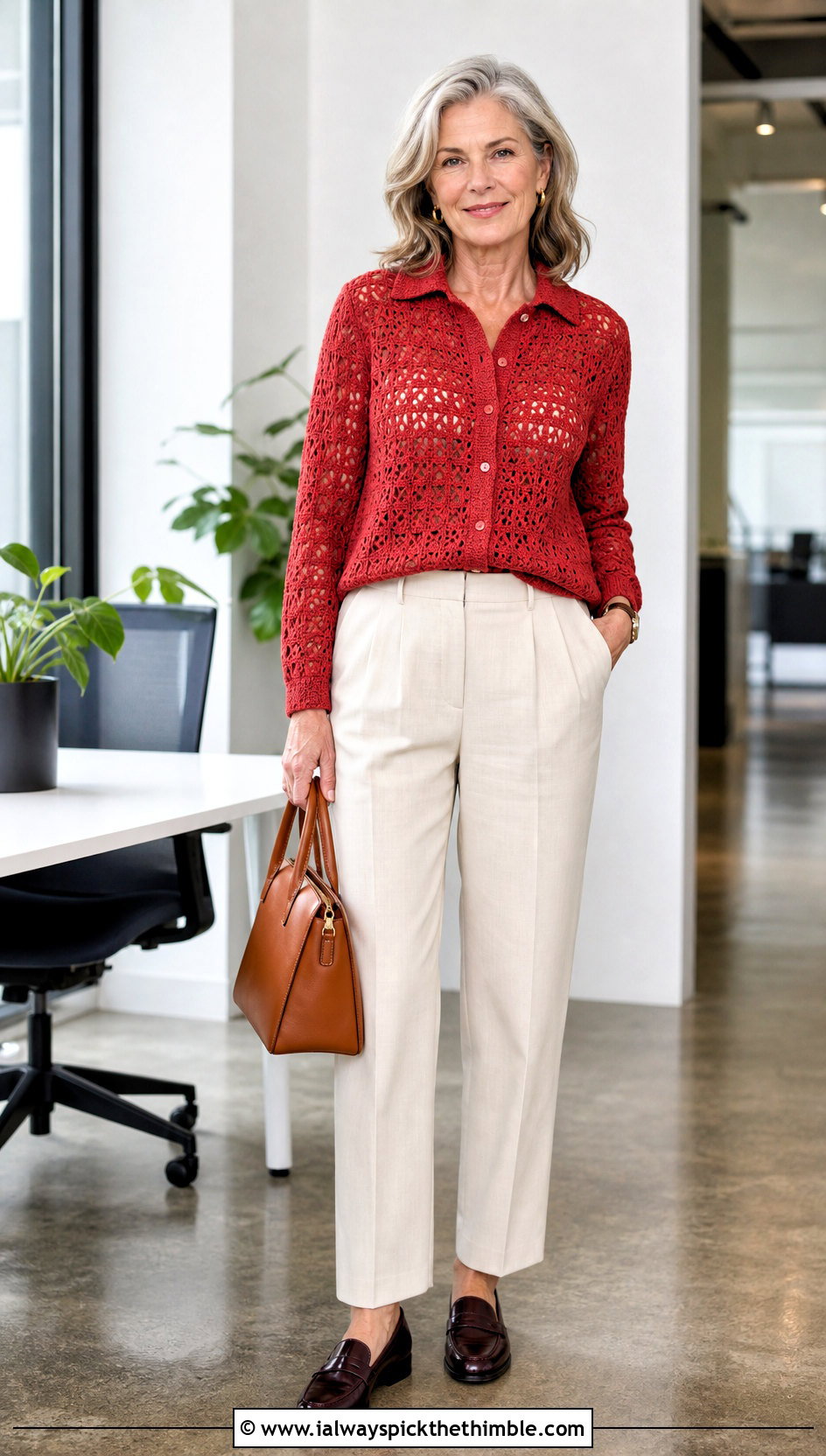 Collared Button Front Crocheted Cardigan With Pleated Pants - 15 Easy Crocheted Cardigan outfit ideas