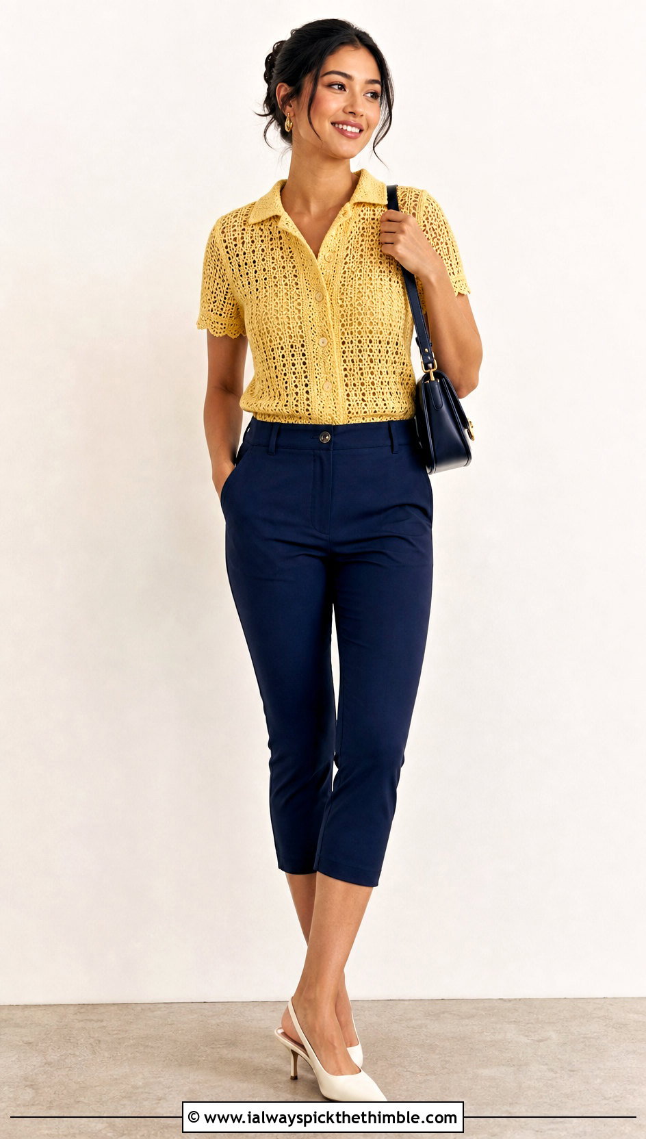 Collared Calad Shirt With Capri Pants - 20 crochet calad shirt outfit ideas