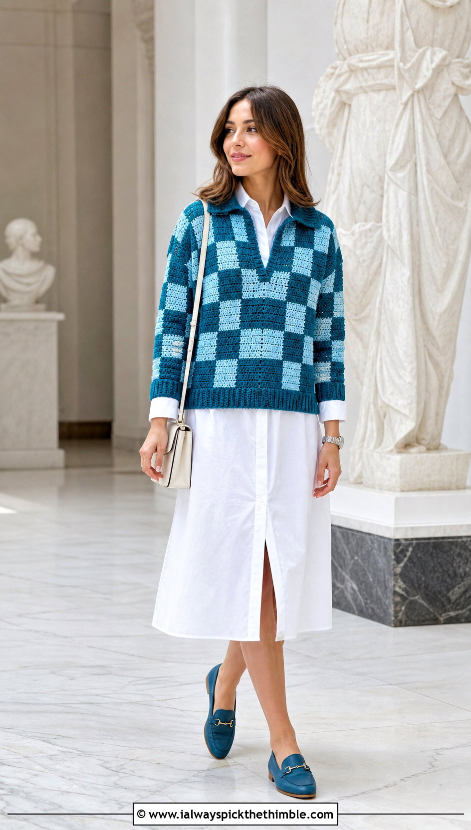 Collared Checkered Crochet Sweater With White Shirt Dress - 20 checkered crochet sweater outfit ideas