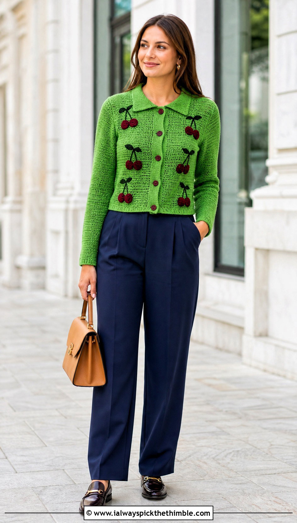 Collared Cherry Crochet Cardigan With Pleated Trousers - 20 cherry crochet cardigan outfit ideas