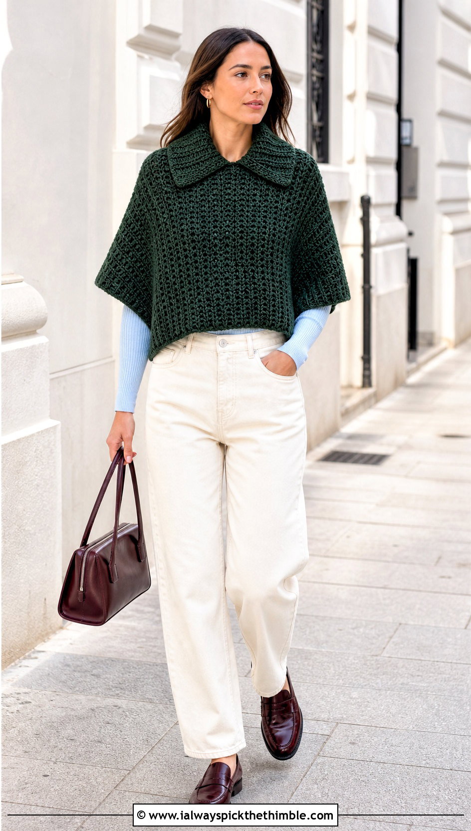 Collared Chunky Crochet Poncho With Barrel Jeans - 20 Chunky Crochet Poncho outfit ideas