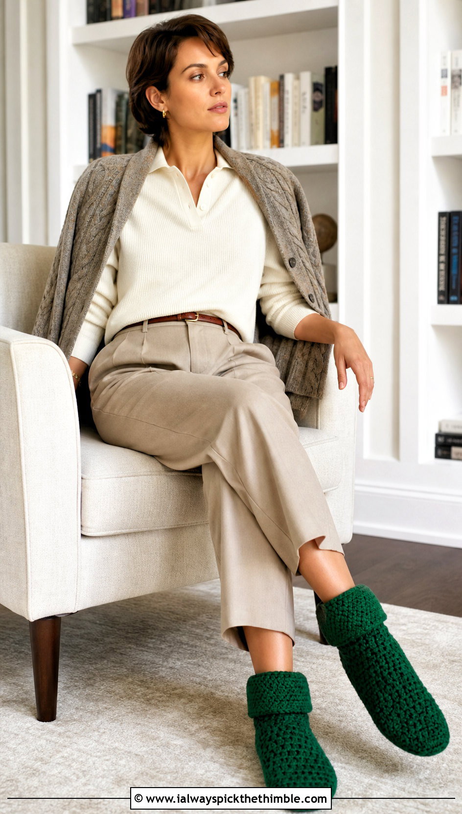 Collared Chunky Crochet Slipper Socks With Pleated Trousers - 15 chunky crochet slipper socks outfit ideas