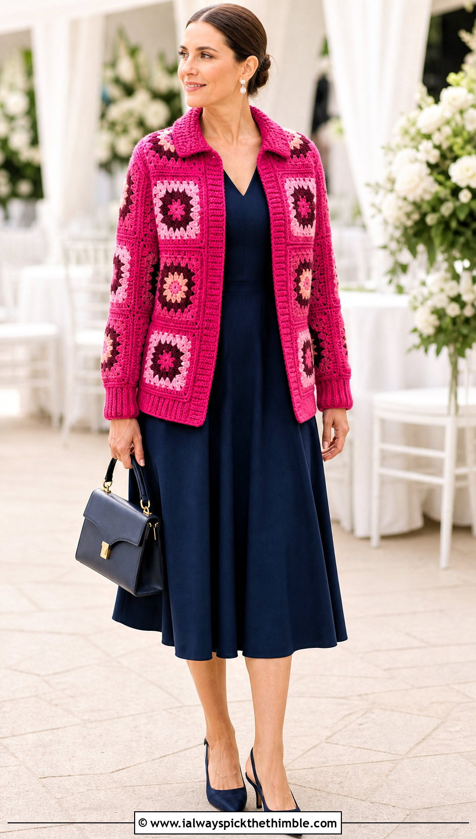 Collared Chunky Granny Square Cardigan With Midi Dress - 25 Chunky Granny Square Cardigan outfit ideas