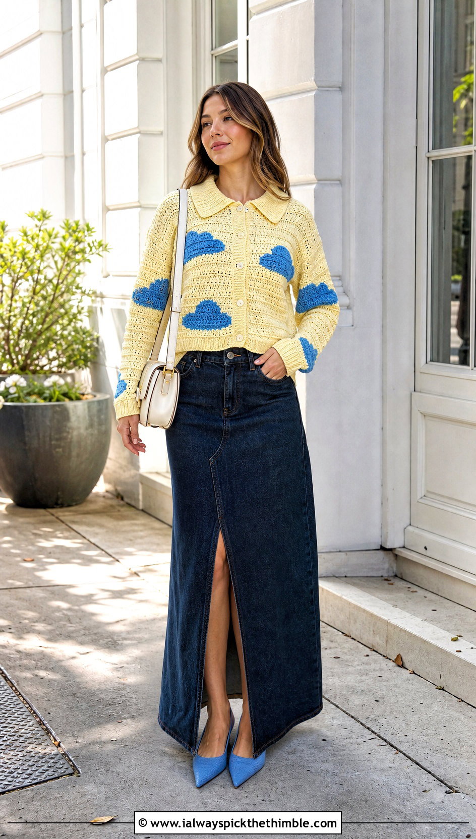 Collared Cloud Cardigan With a Denim Maxi Skirt - 25 crochet cloud cardigan outfit ideas