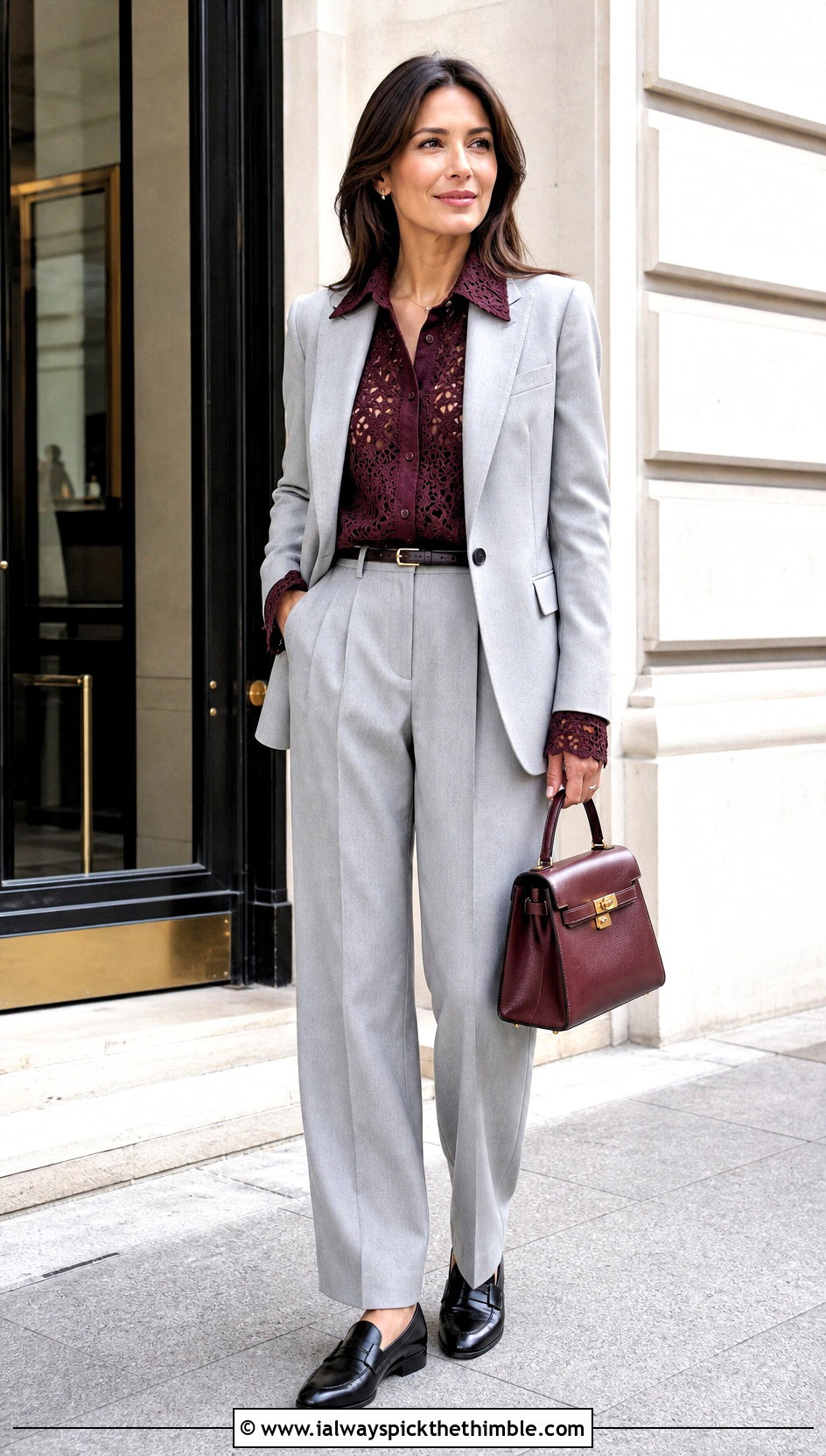 Collared Crochet Blouse With Pleated Trousers And Blazer - 15 Long Sleeve Crochet Blouse outfit ideas