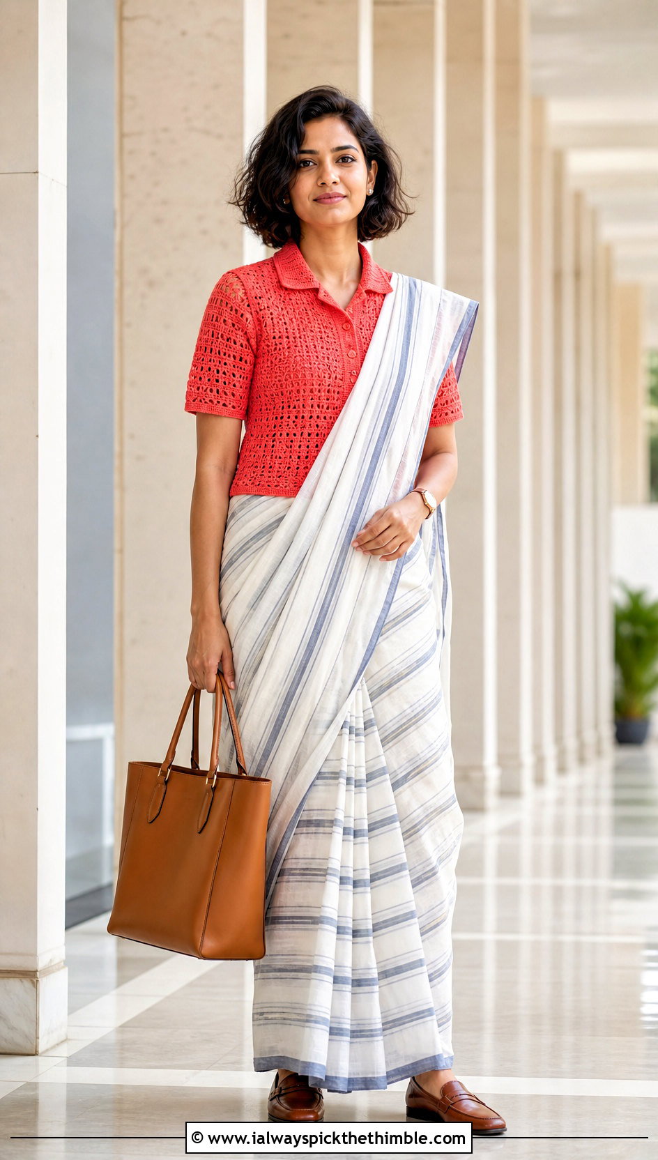 Collared Crochet Blouse With Striped Saree - 25 Crochet Blouse For Saree outfit ideas