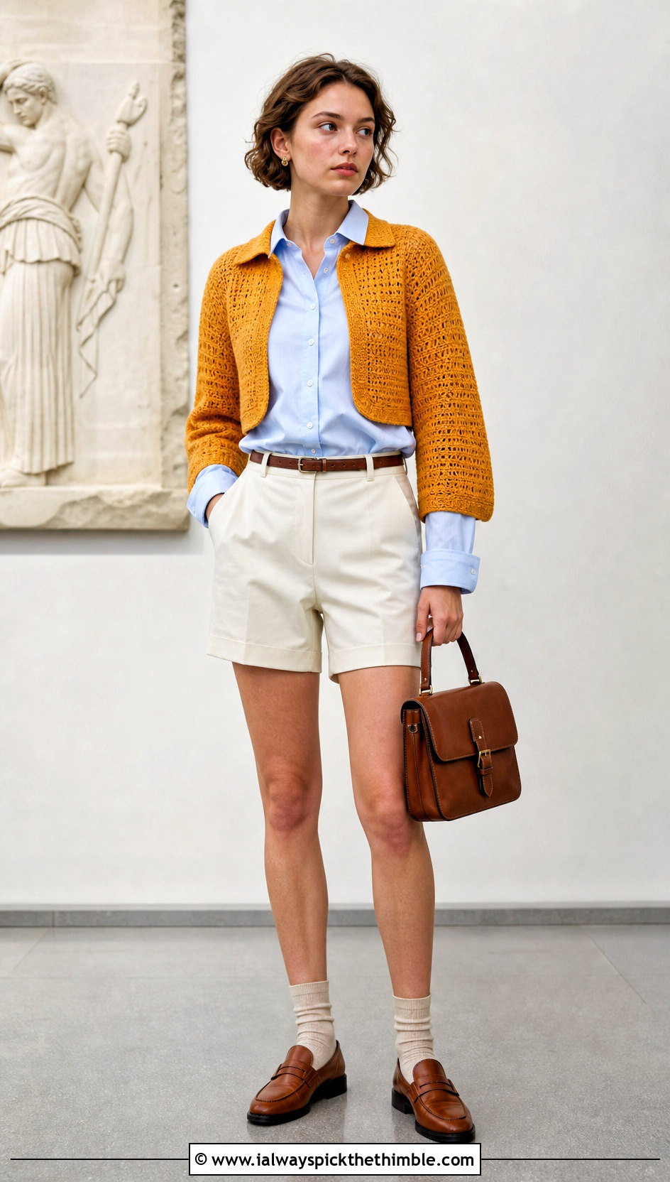 Collared Crochet Bolero Shrug With Shirt And Tailored Shorts - 25 crochet bolero shrug outfit ideas
