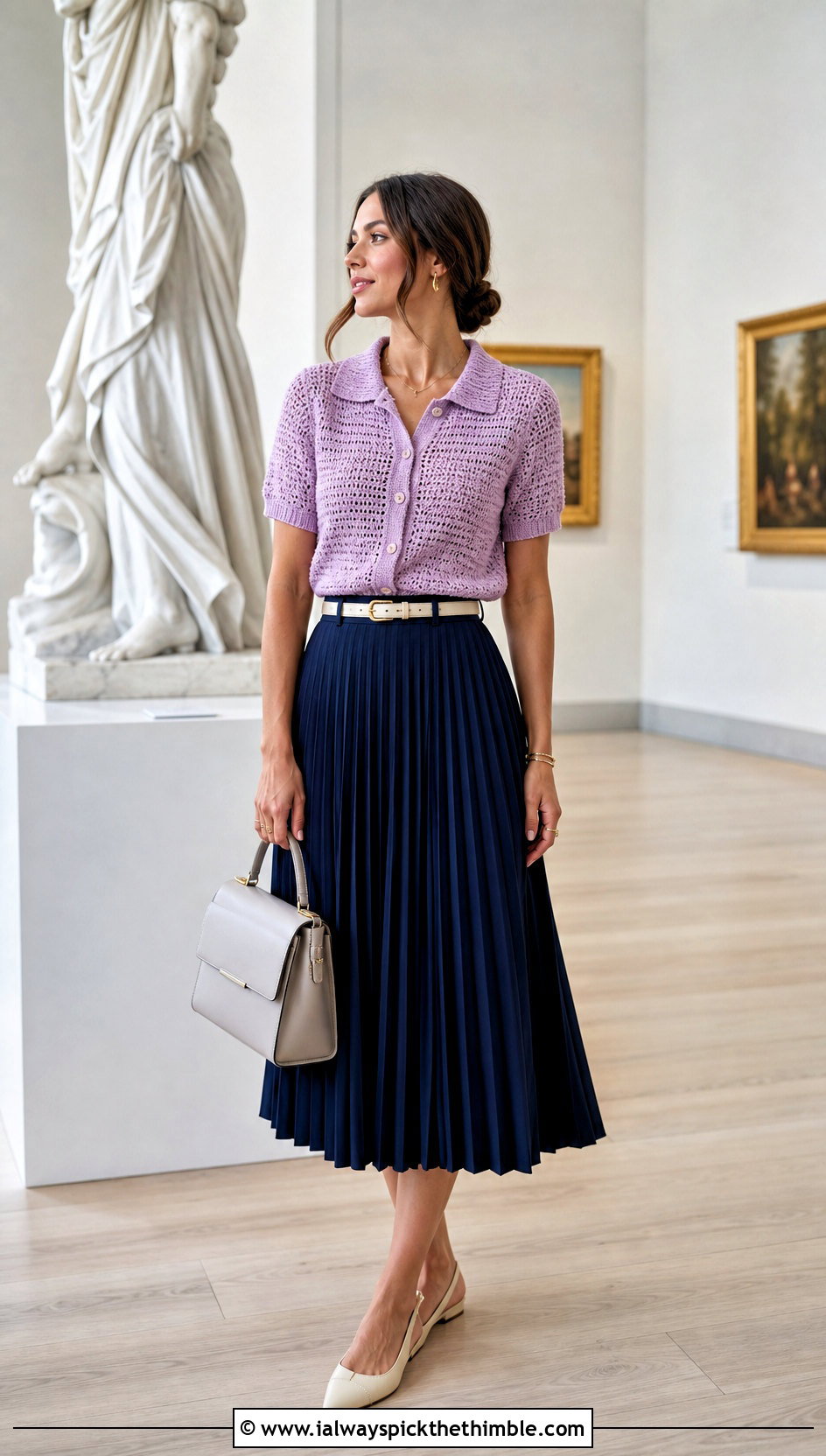 Collared Crochet Button Up Top With Pleated Skirt - 25 crochet tops ideas