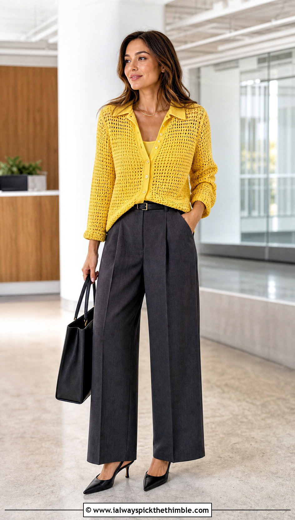 Collared Crochet Button Up Top With Tailored Trousers - 20 crochet button top outfit ideas