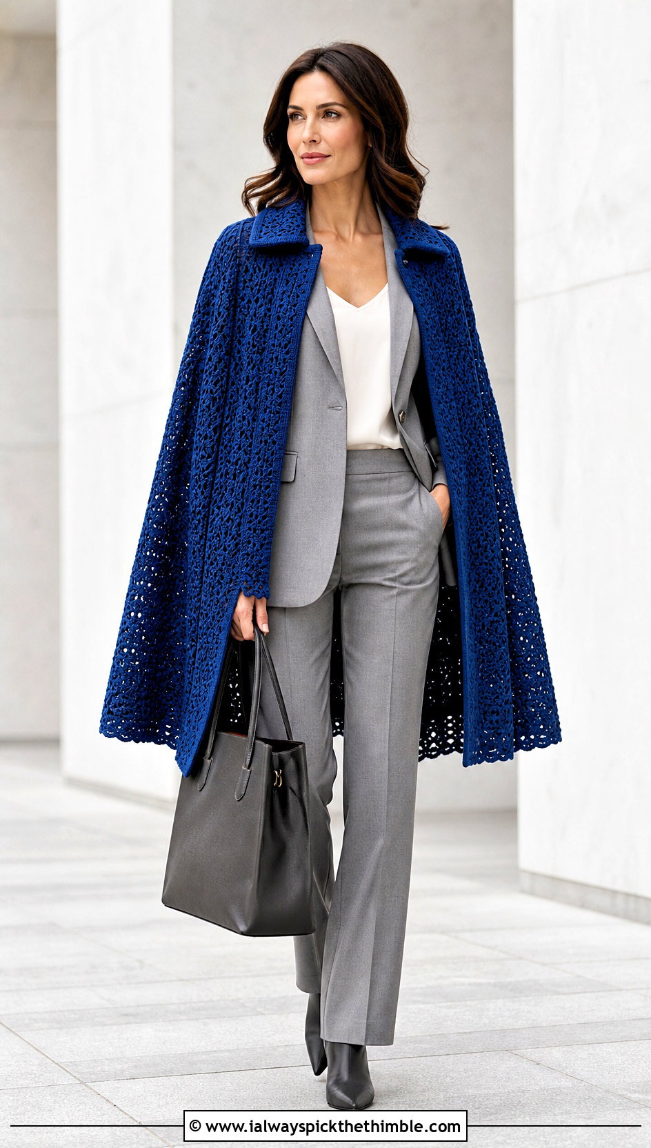 Collared Crochet Cape Coat With A Trouser Suit - 15 Crochet Cape Coat outfit ideas