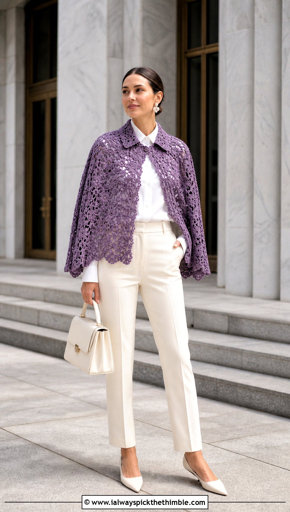 Collared Crochet Cape With Bridal Shirt And Trousers - 20 Crochet Wedding Cape outfit ideas