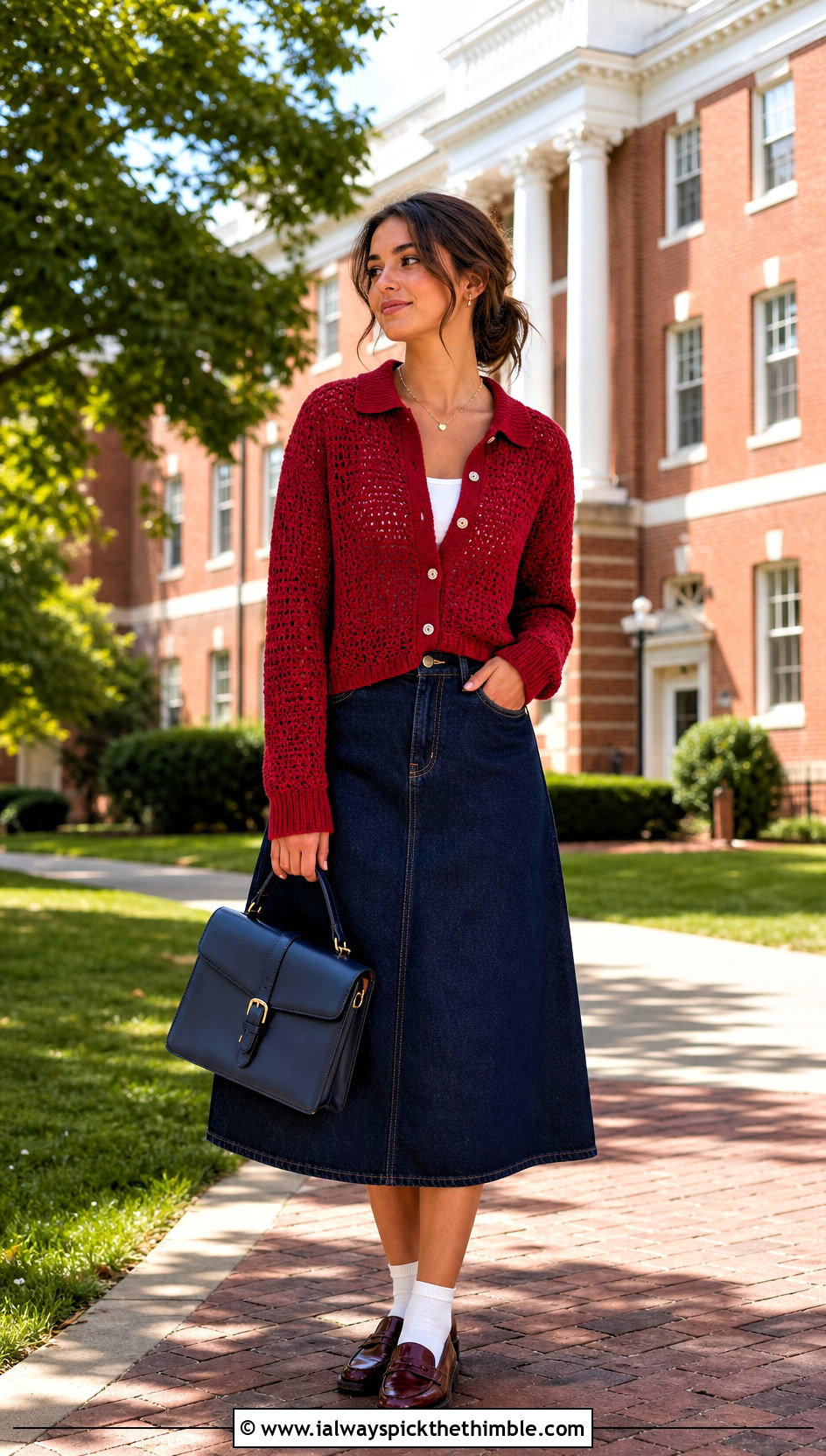 Collared Crochet Cardigan Sweater With Denim Midi Skirt - 15 Easy Crochet Cardigan Sweater outfit ideas
