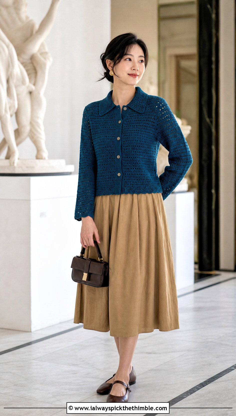 Collared Crochet Cardigan With A Line Midi Skirt - 20 unique crochet cardigan outfit ideas