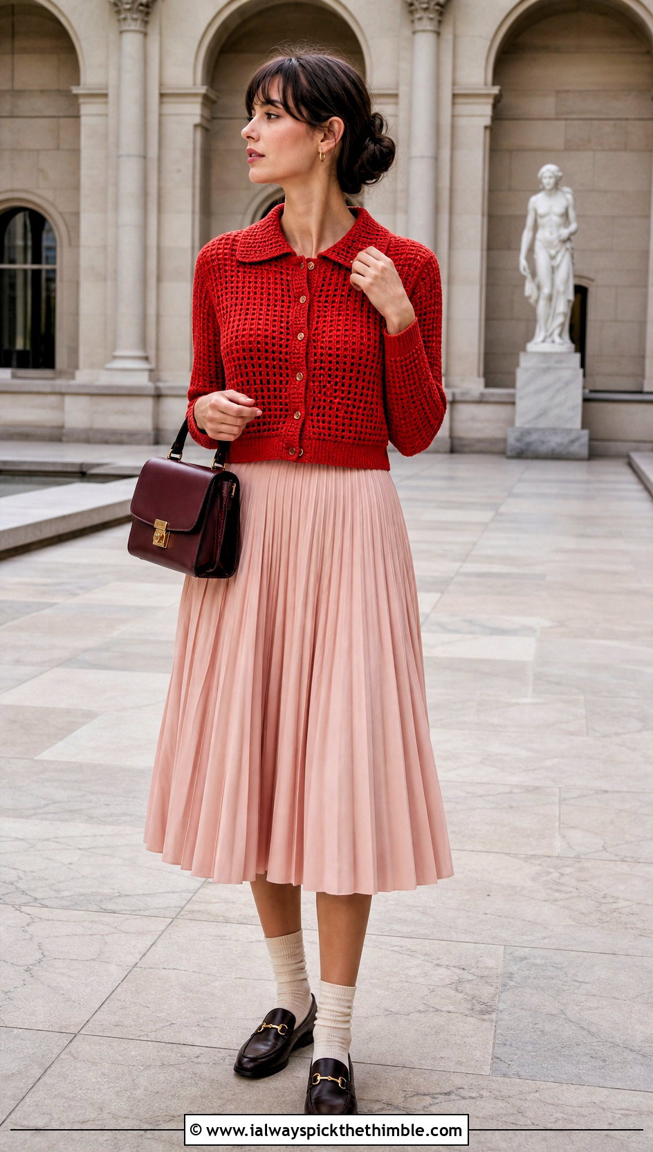 Collared Crochet Cardigan With Pleated Midi Skirt - 20 Modern Crochet Cardigan outfit ideas
