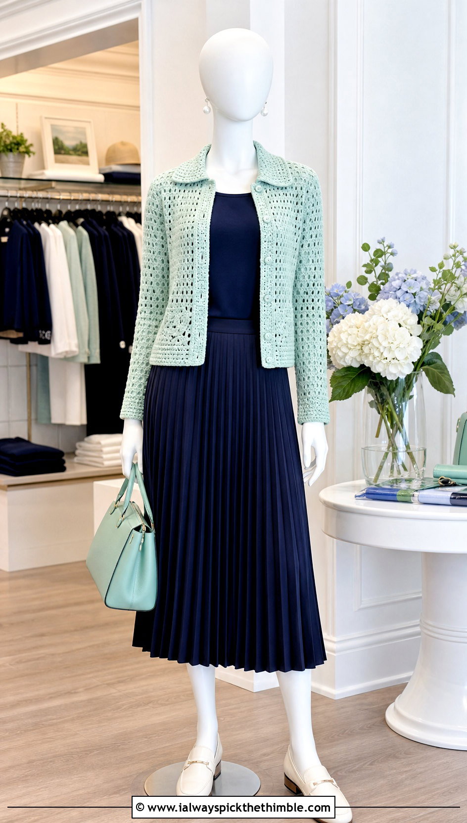Collared Crochet Cardigan With Pleated Midi Skirt - 15 Crochet Cardigan On Mannequin outfit ideas