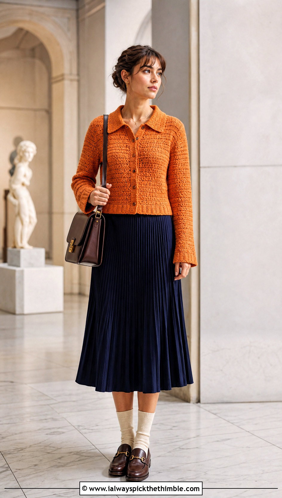 Collared Crochet Cardigan With Pleated Skirt - 15 Crochet Womens Cardigan Sweater outfit ideas