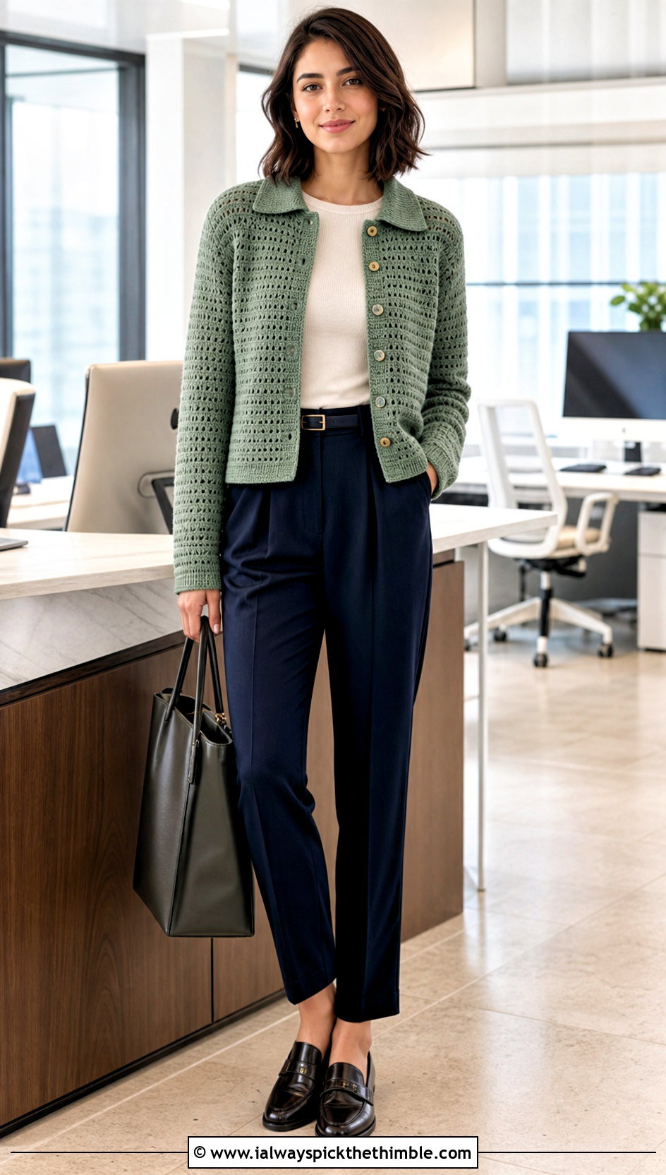Collared Crochet Cardigan With Pleated Trousers - 25 crochet winter clothes and outfit ideas