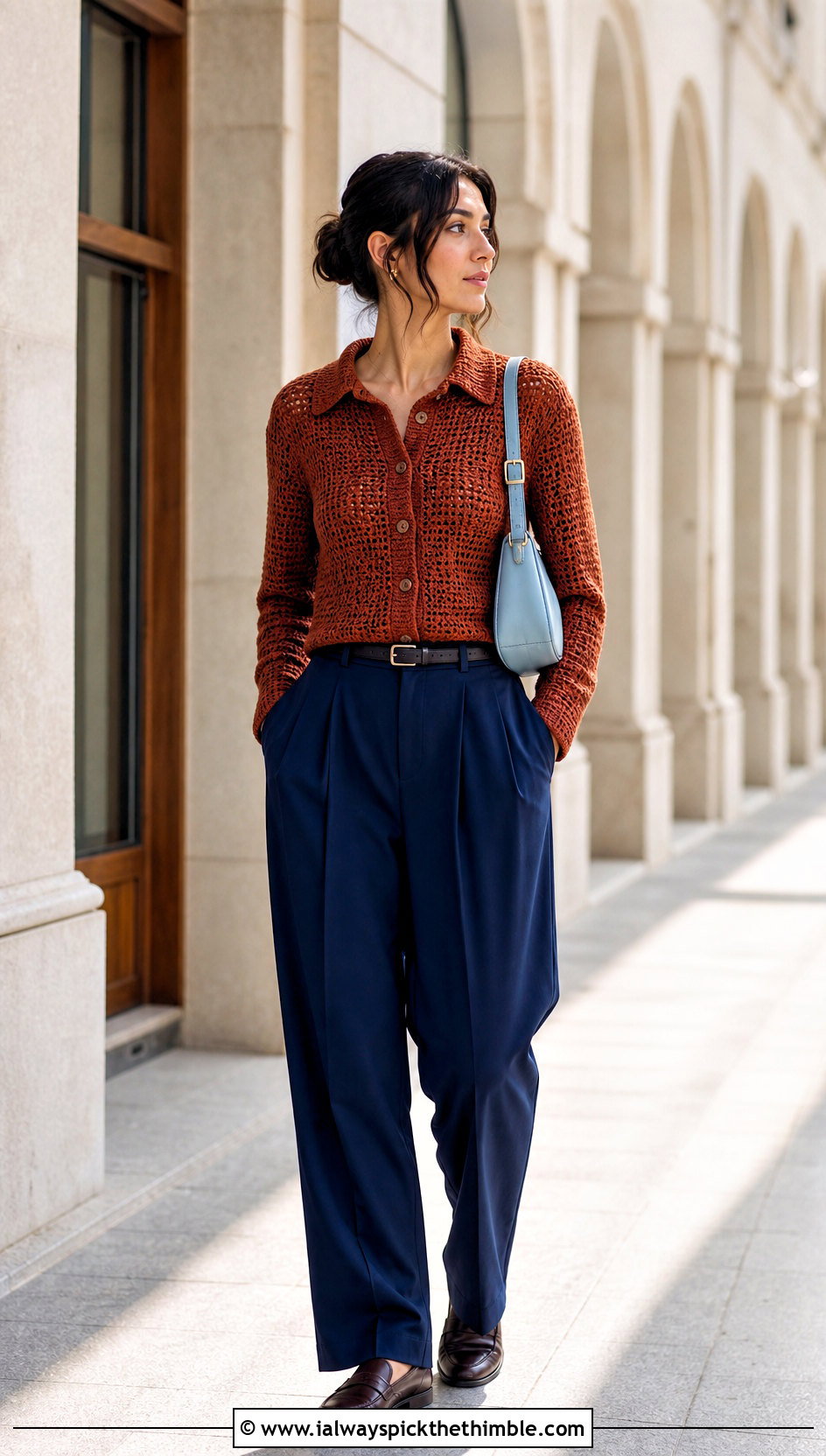 Collared Crochet Cardigan With Pleated Trousers - 25 easy crochet cardigan outfit ideas
