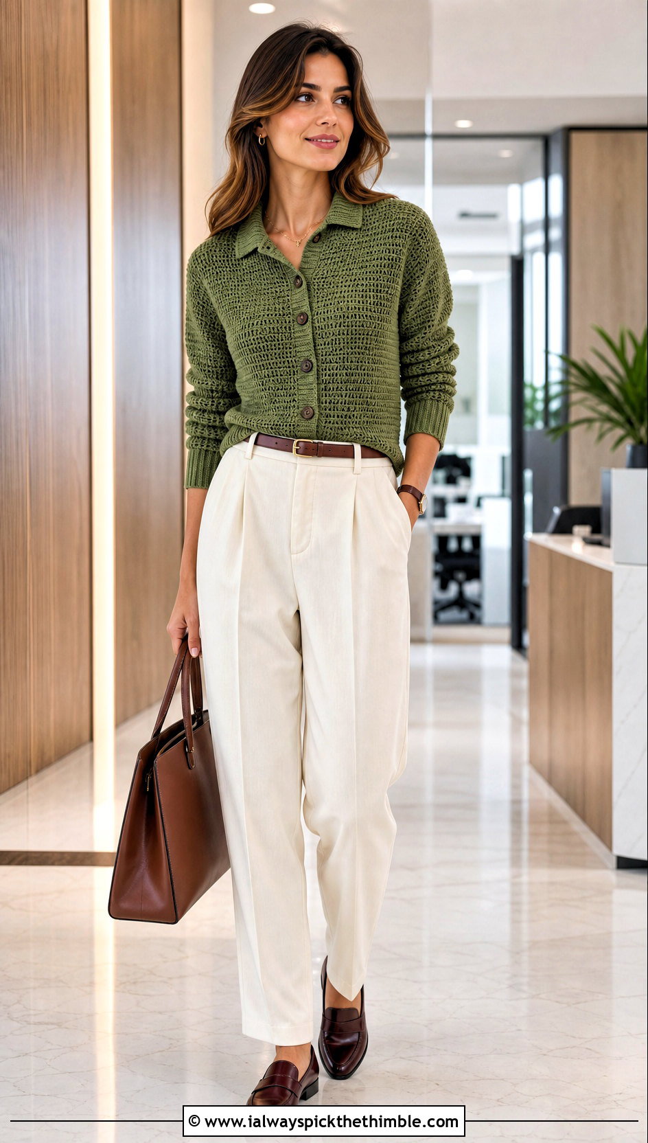 Collared Crochet Cardigan With Pleated Trousers - 25 fall crochet cardigan outfit ideas