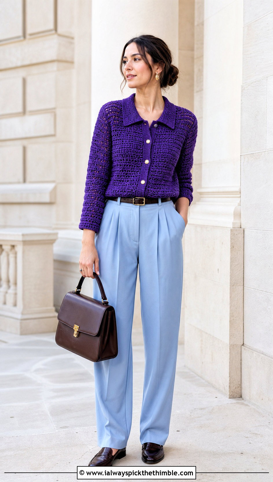 Collared Crochet Cardigan With Pleated Trousers - 20 crochet cardigan design outfit ideas