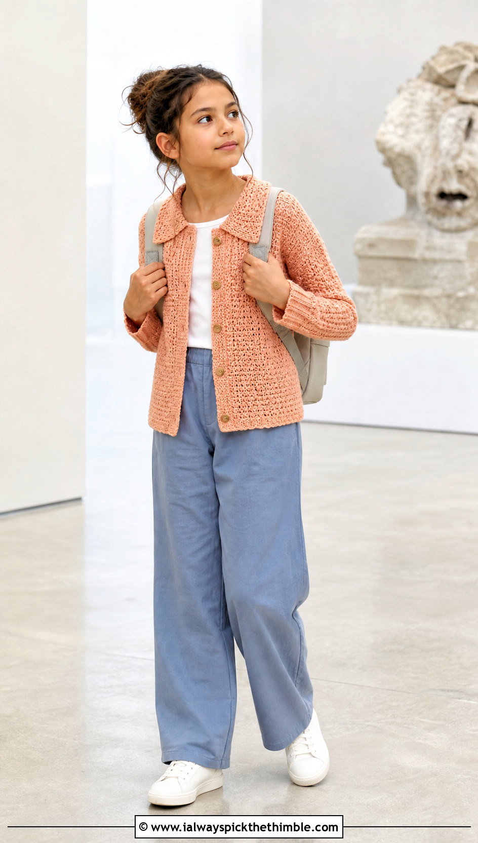 Collared Crochet Cardigan With Wide Leg Trousers - 20 Childs Crochet Cardigan outfit ideas