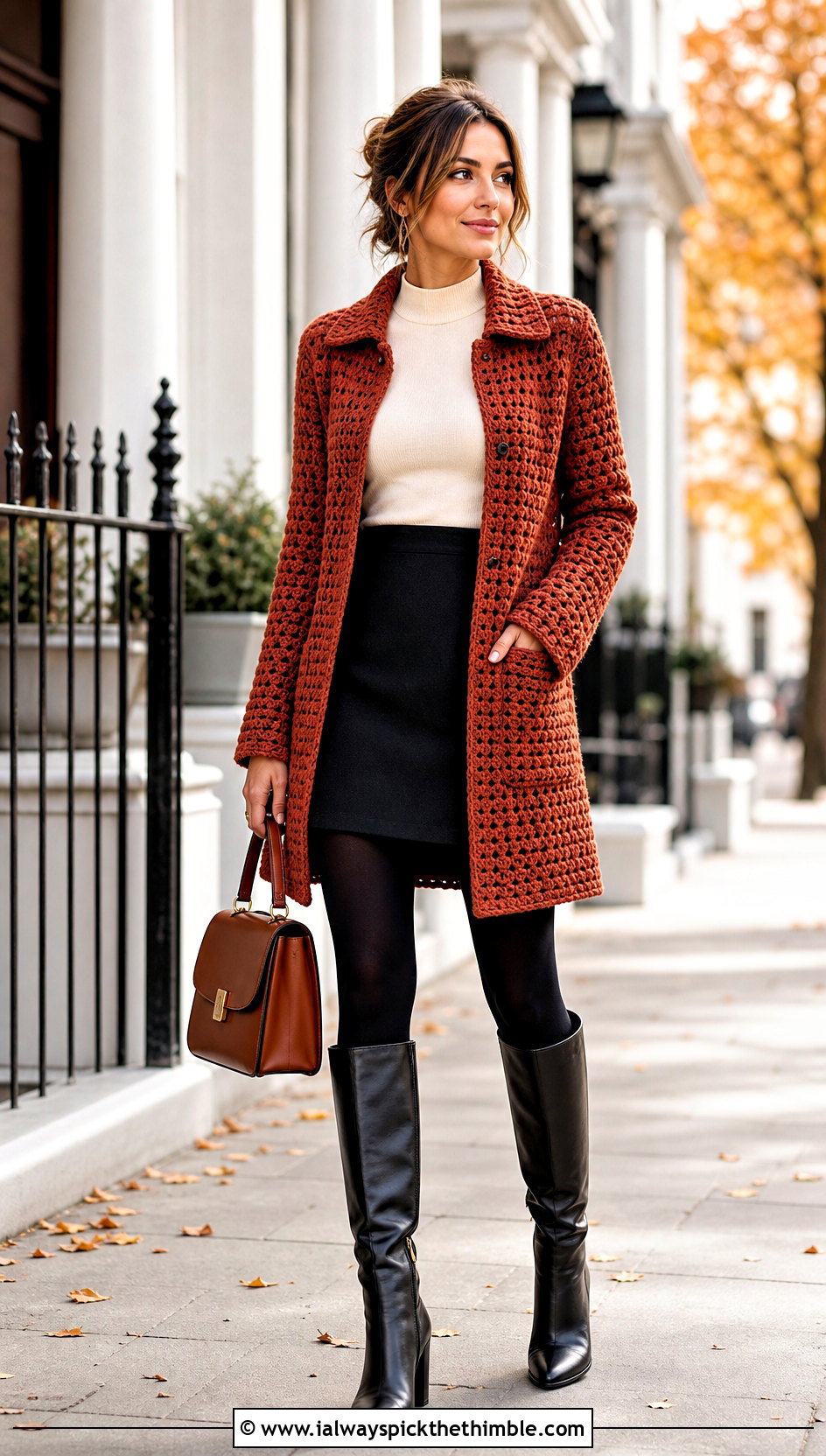 Collared Crochet Coat Cardigan With Mini Skirt - 15 crochet long cardigan with pockets outfit ideas
