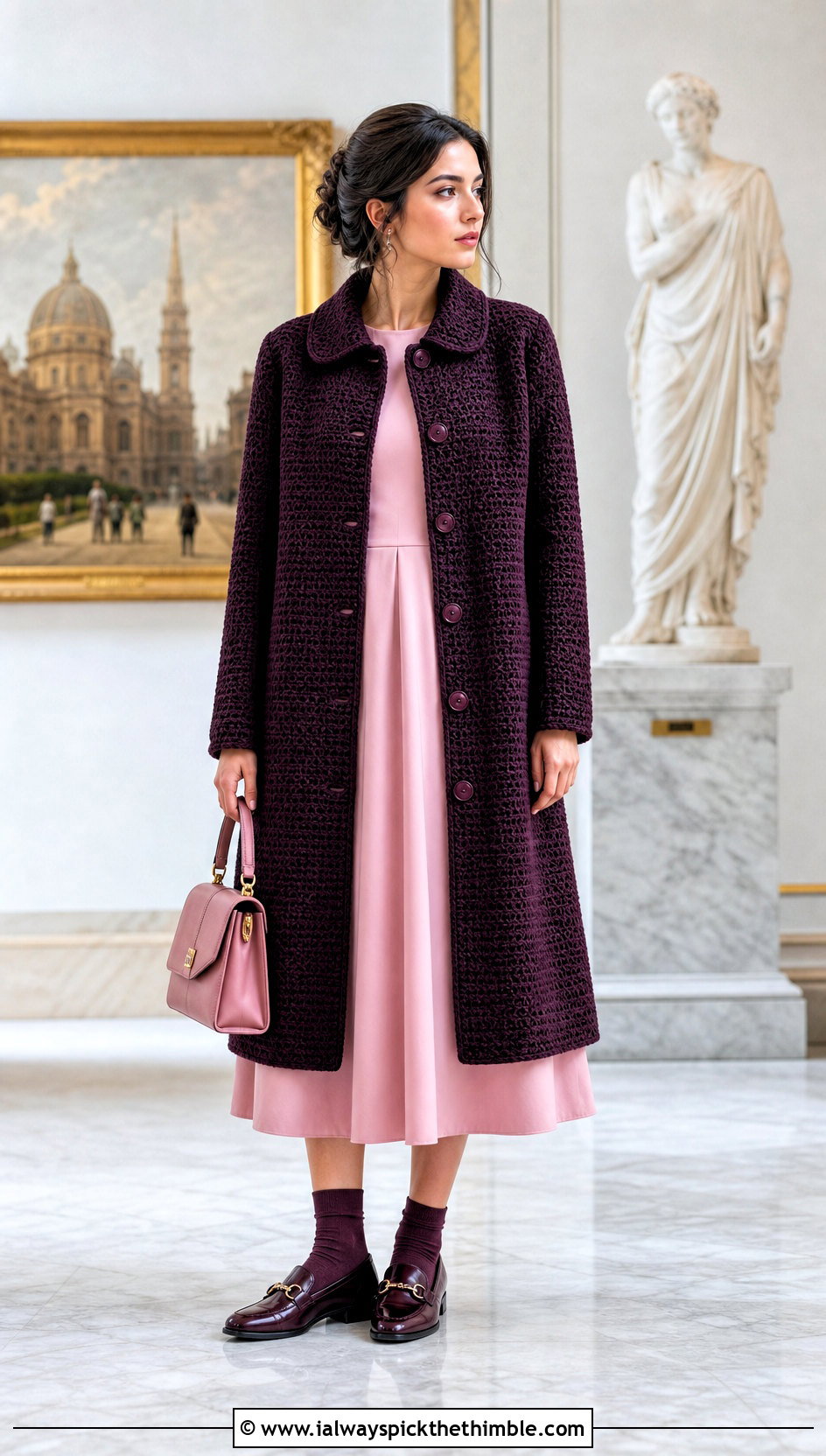 Collared Crochet Coat With Midi Dress And Loafers - 15 beginner crochet coat outfit ideas