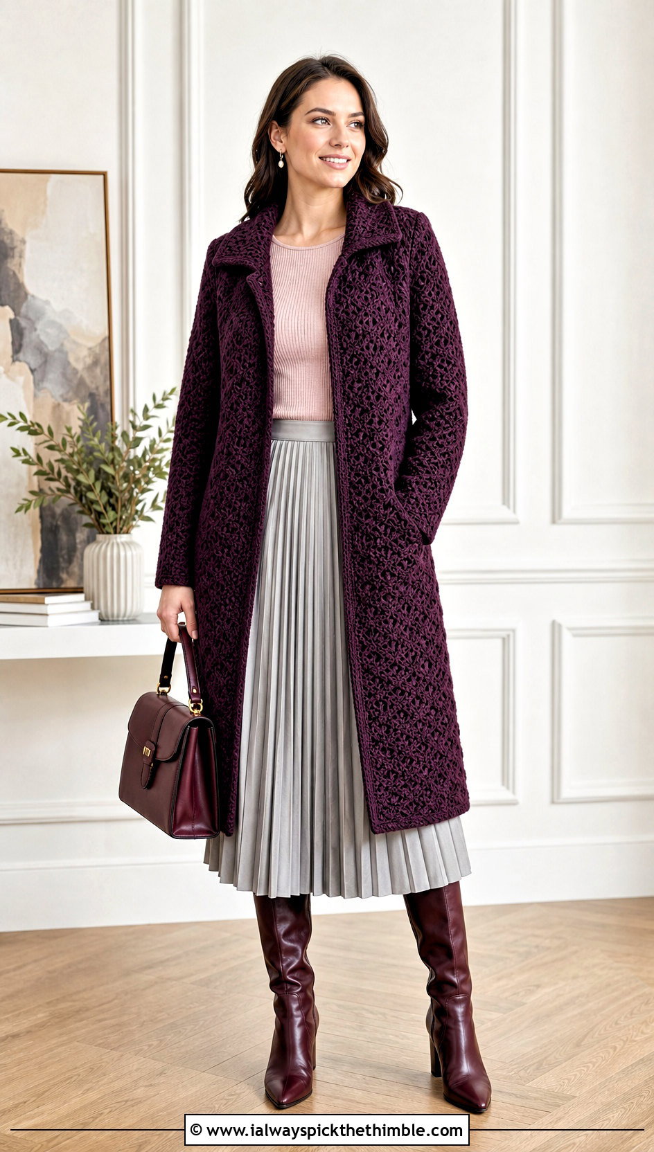 Collared Crochet Coat With Pleated Midi Skirt - 15 crochet coat size m outfit ideas
