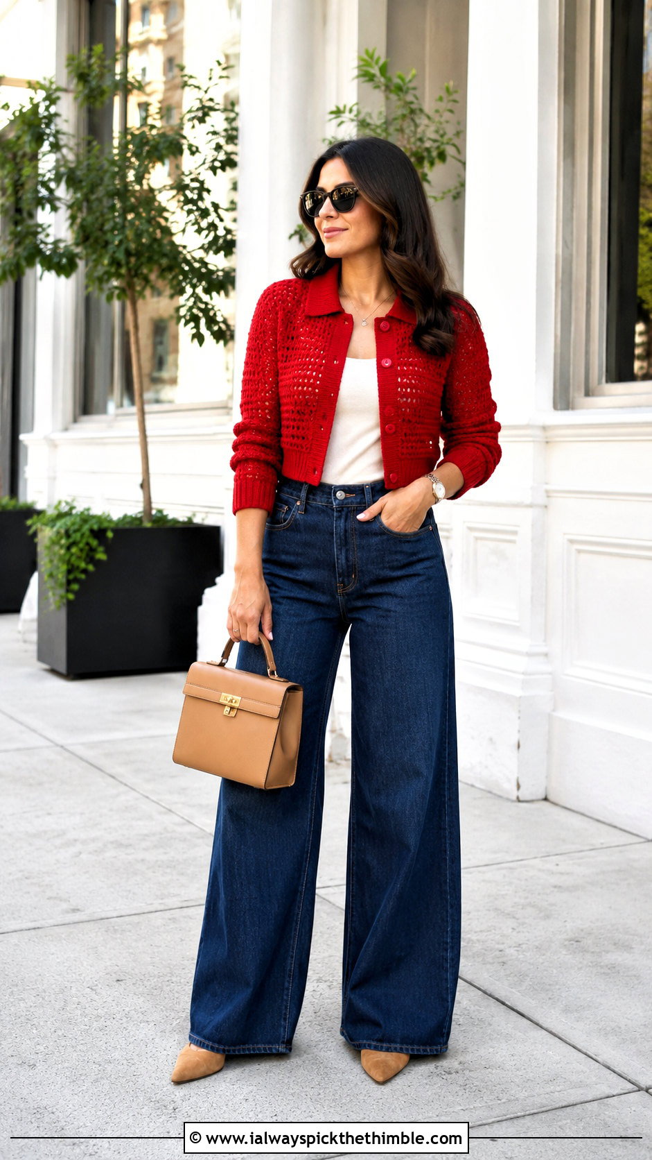 Collared Crochet Crop Cardigan With Wide Leg Jeans - 20 crochet crop cardigan outfit ideas