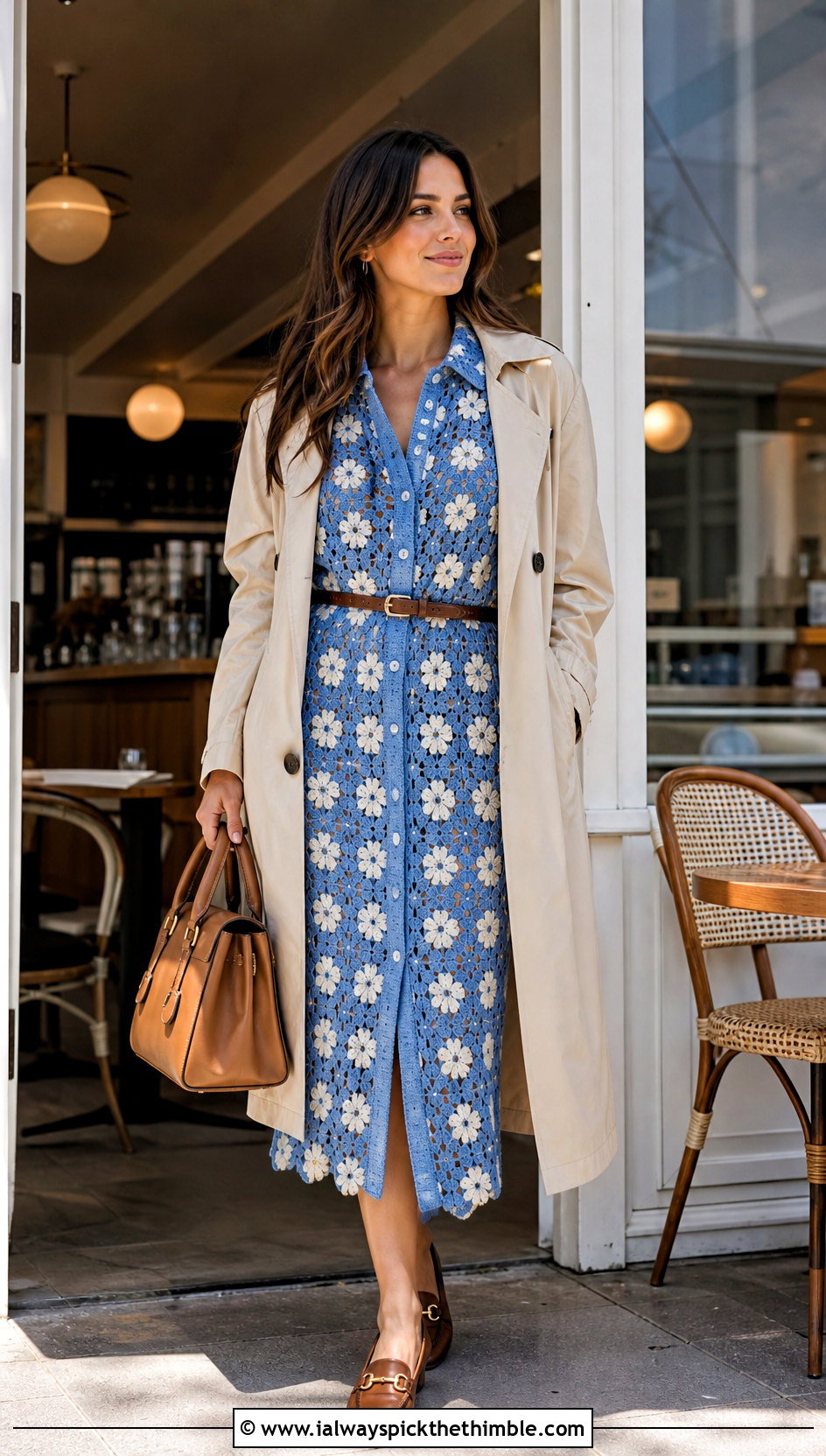 Collared Crochet Daisy Shirt Dress With Loafers - 15 Crochet Daisy Dress outfit ideas