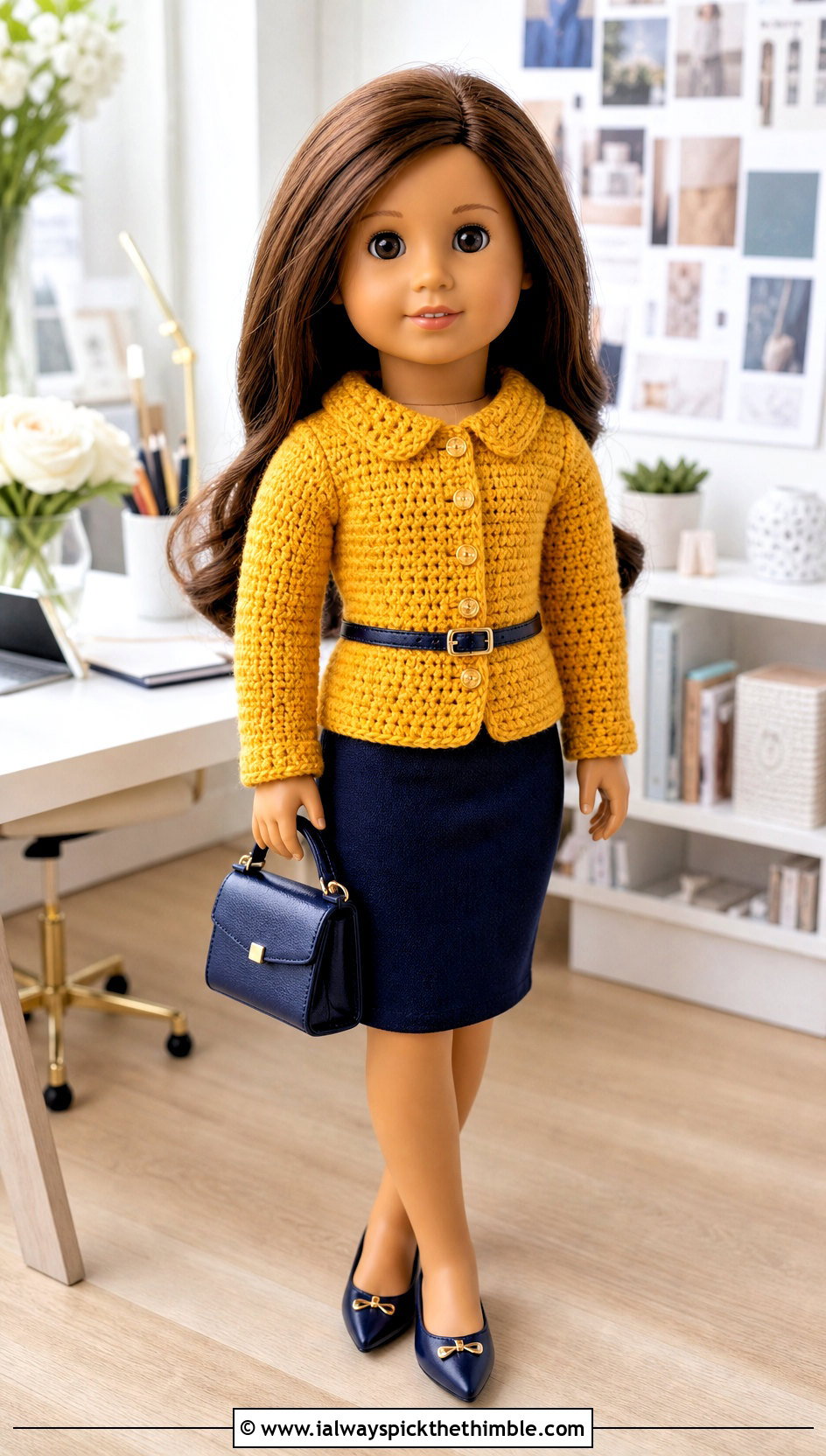 Collared Crochet Doll Cardigan With Pencil Skirt - 20 crochet doll cardigan outfit ideas