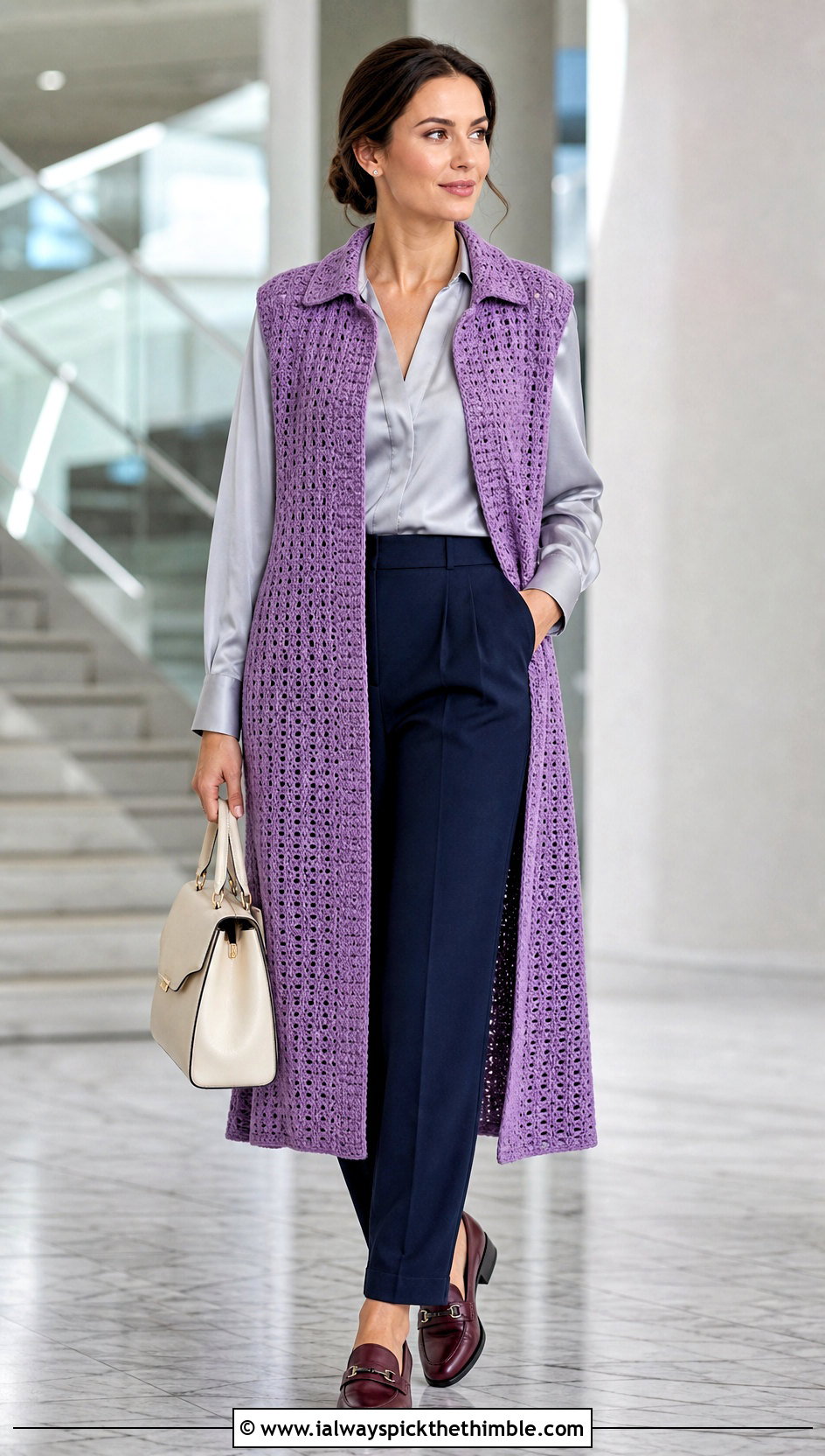Collared Crochet Duster Vest With Pleated Trousers - 20 crochet duster vest outfit ideas