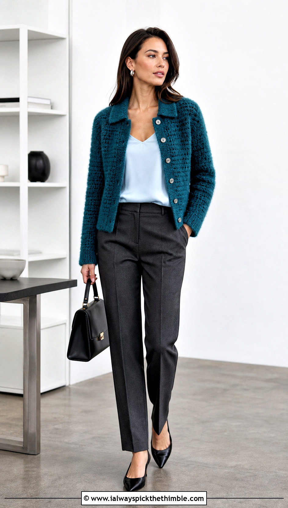 Collared Crochet Fur Cardigan Jacket With Tailored Trousers - 20 crochet fur jacket outfit ideas