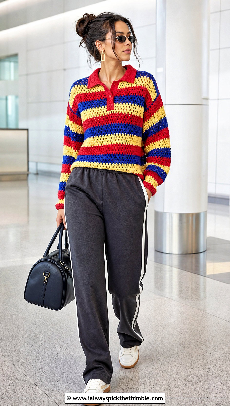 Collared Crochet Granny Stripe Sweater With Track Pants - 20 Crochet Granny Stripe Sweater outfit ideas