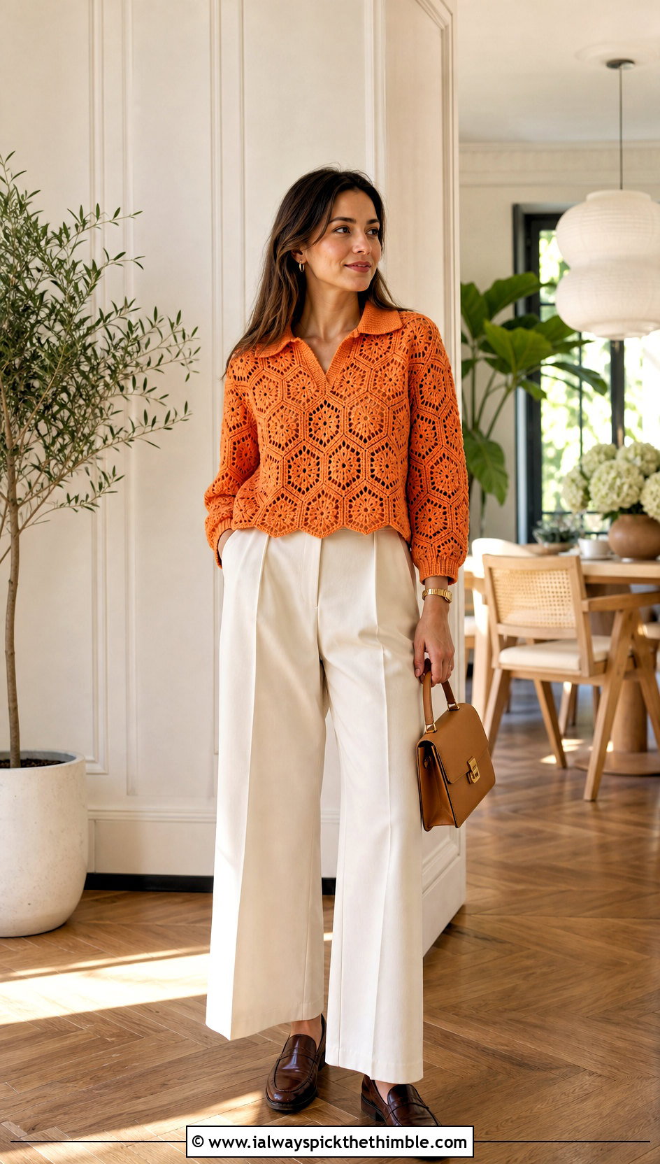 Collared Crochet Hexagon Jumper With Pleated Trousers - 20 crochet hexagon jumper outfit ideas