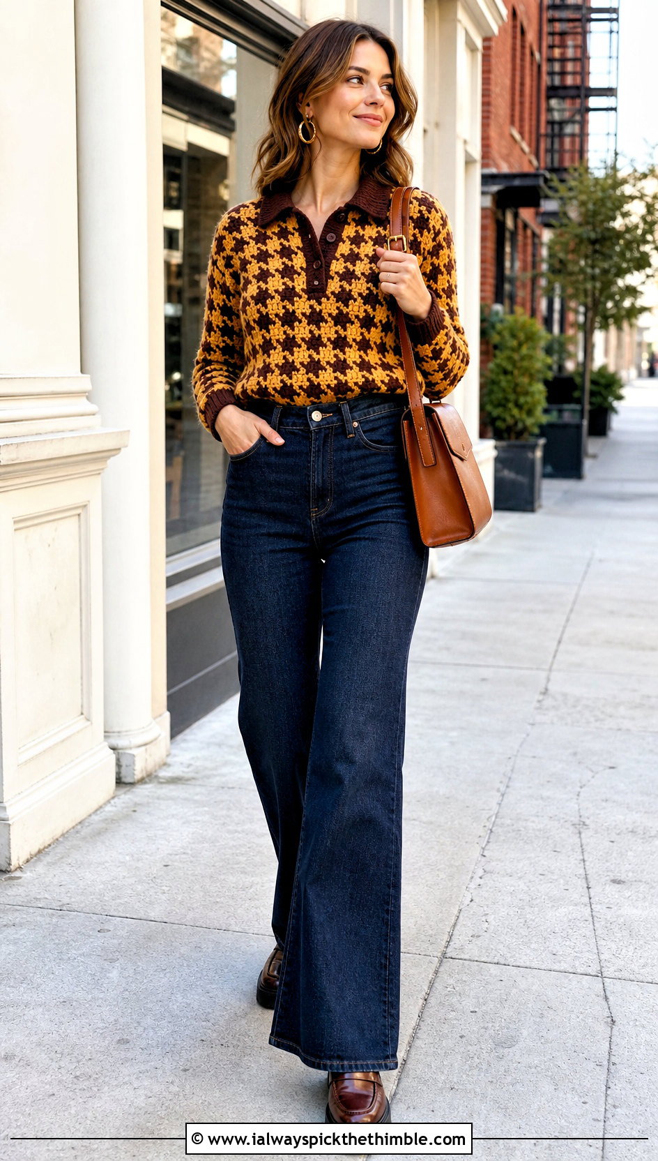 Collared Crochet Houndstooth Sweater With Flare Jeans - 25 crochet houndstooth sweater outfit ideas