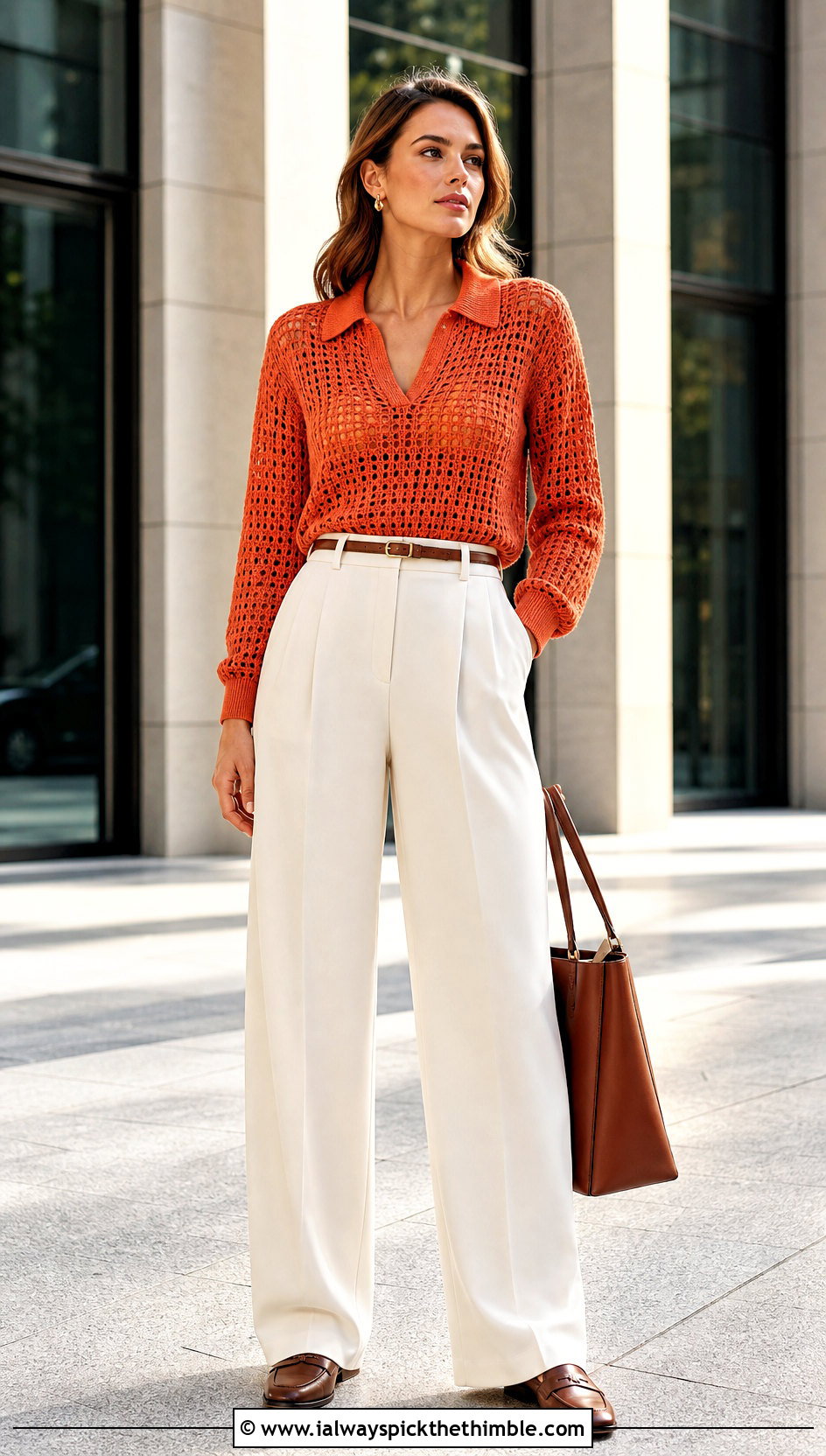 Collared Crochet Jumper With Wide Leg Trousers - 25 crochet jumper outfit ideas