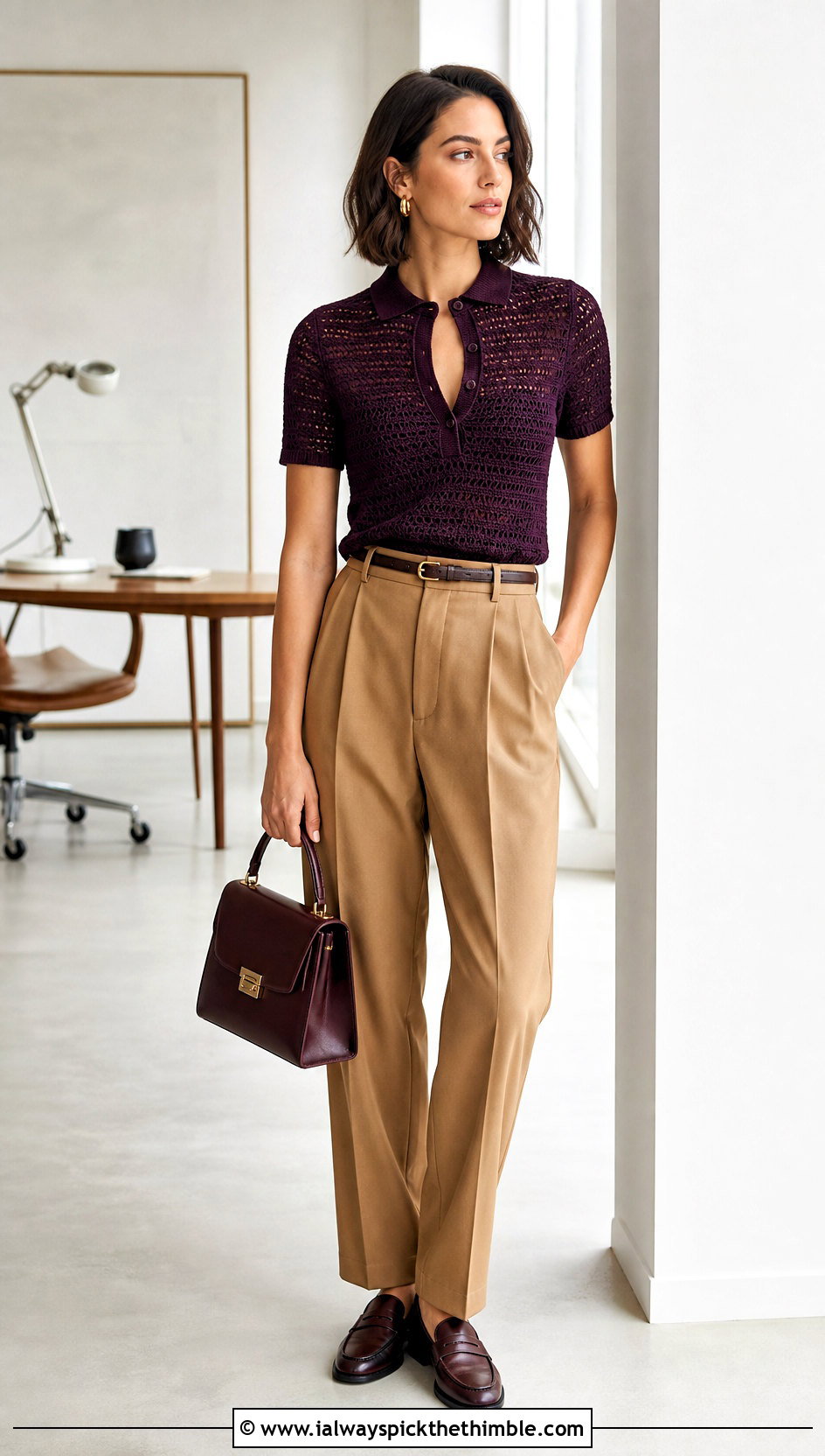 Collared Crochet Keyhole Top With Pleated Pants - 20 crochet keyhole top outfit ideas