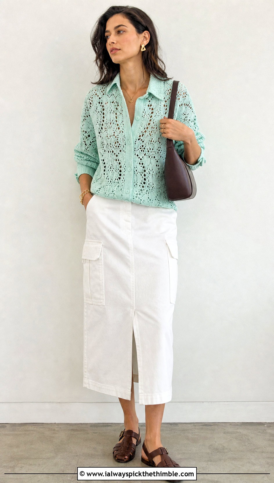 Collared Crochet Lace Blouse With Cargo Midi Skirt - 20 crochet lace summer top outfit ideas