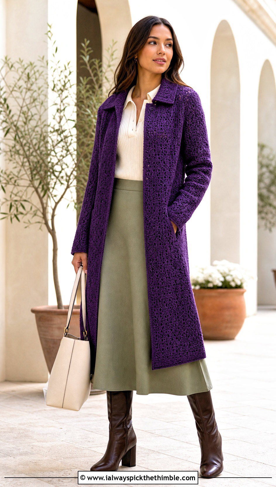 Collared Crochet Long Coat With Midi Skirt - 25 crochet long coat outfit ideas