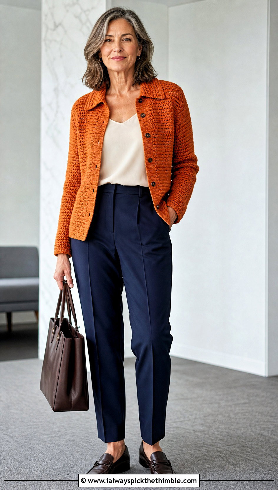 Collared Crochet Long Sleeve Cardigan With Pleated Pants - 20 Crochet Long Sleeve Cardigan outfit ideas