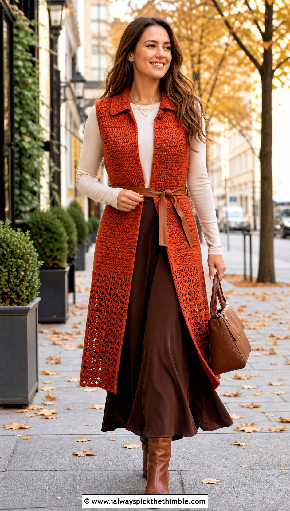 Collared Crochet Long Vest With Maxi Skirt - 20 Easy Crochet Long Vest outfit ideas