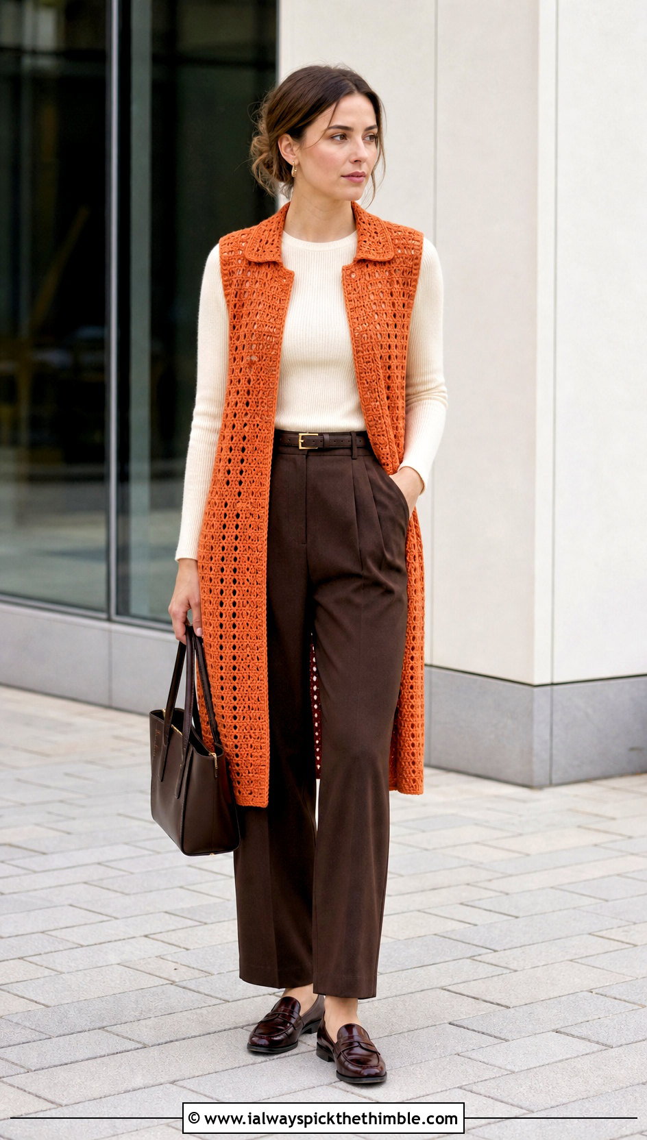 Collared Crochet Long Vest With Pleated Trousers - 25 Crochet Long Vest outfit ideas