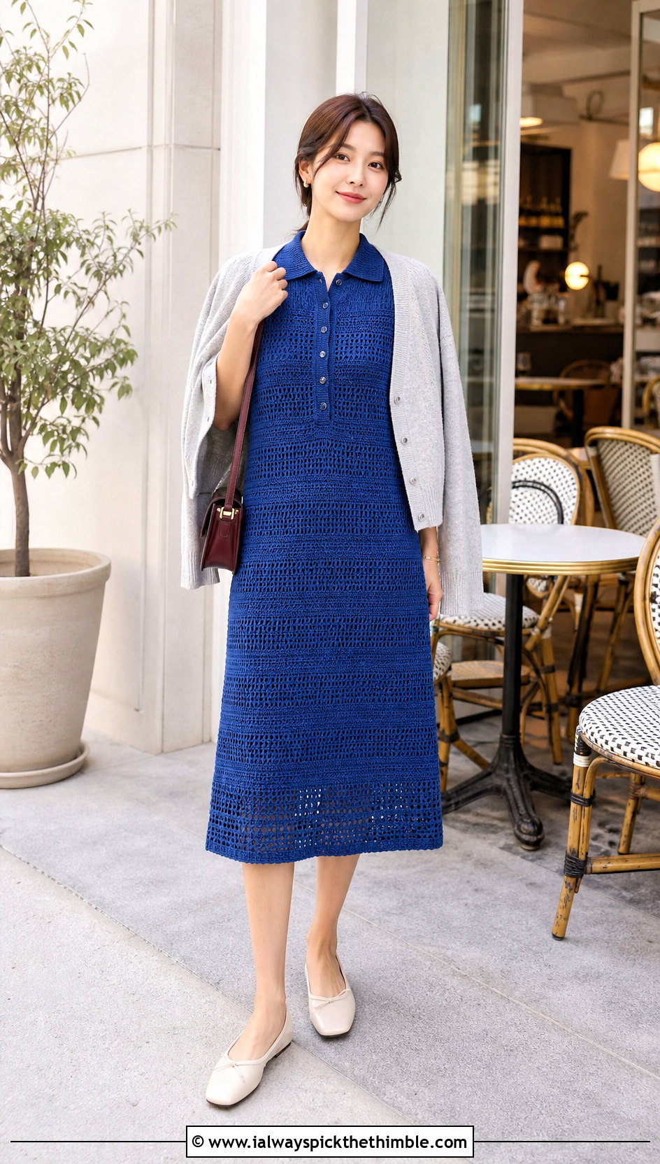 Collared Crochet Midi Dress With Ballet Flats - 20 crochet dresses ideas
