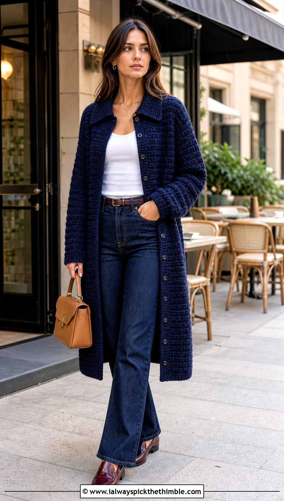 Collared Crochet One Piece Cardigan With Dark Jeans - 20 crochet one piece cardigan outfit ideas