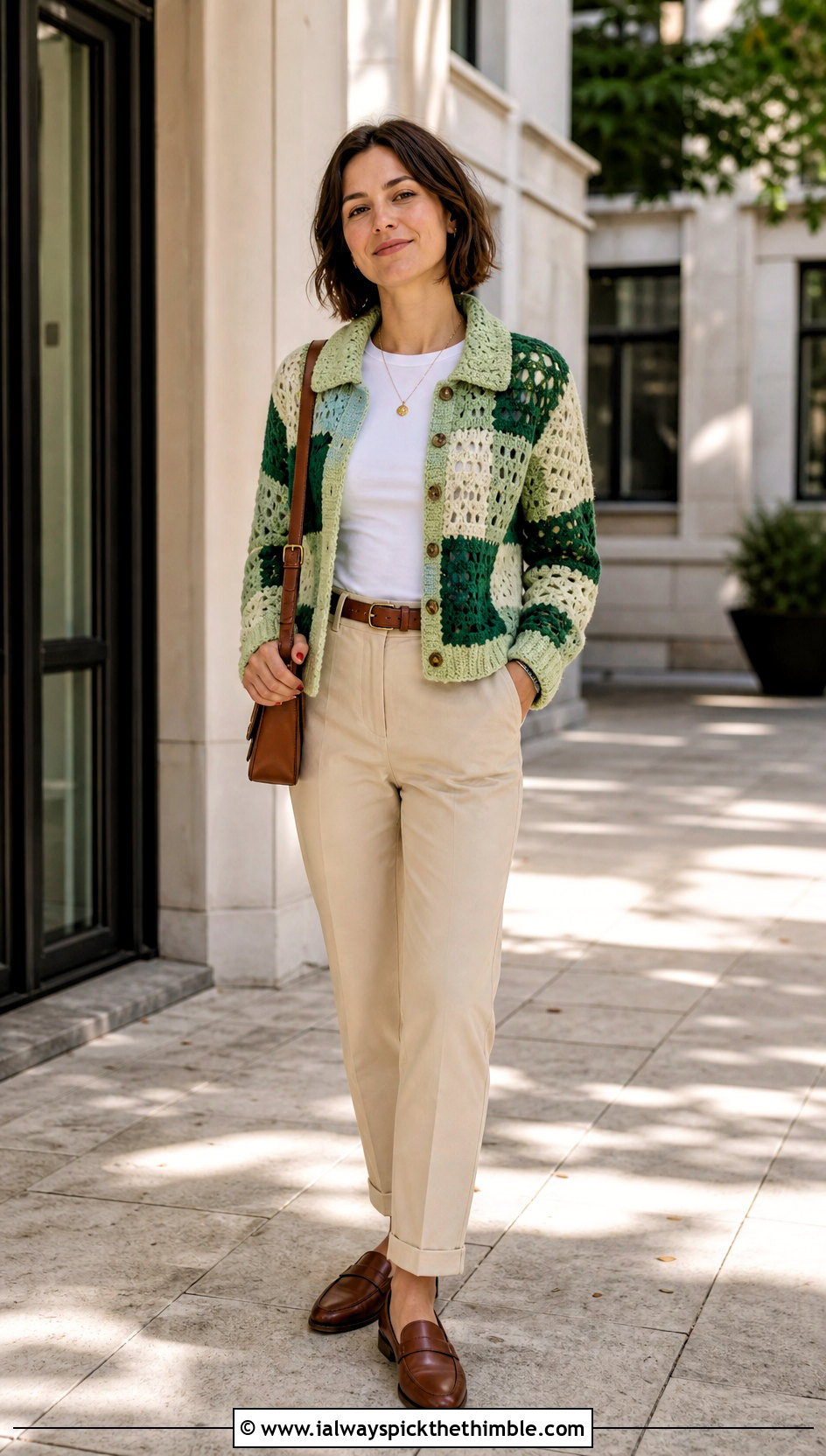Collared Crochet Patchwork Cardigan With Chinos And Loafers - 25 crochet patchwork cardigan outfit ideas