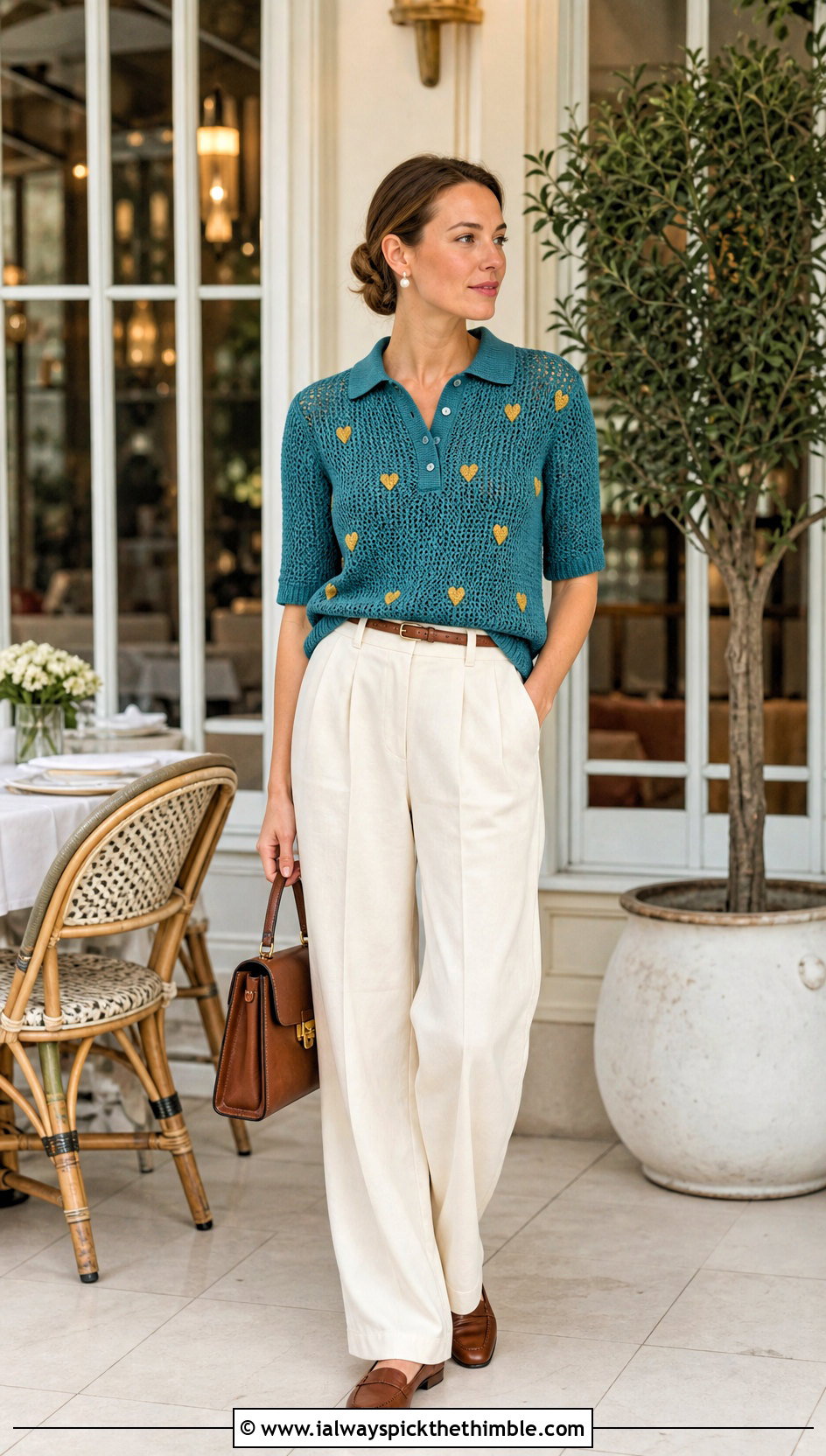 Collared Crochet Polo Sweater With Pleated Trousers - 20 crochet valentine sweater outfit ideas