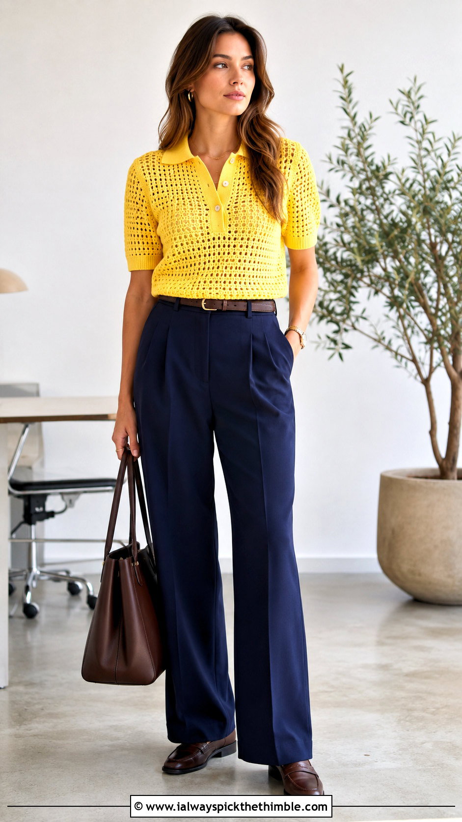 Collared Crochet Polo Sweater With Tailored Trousers - 15 adult crochet sweater outfit ideas