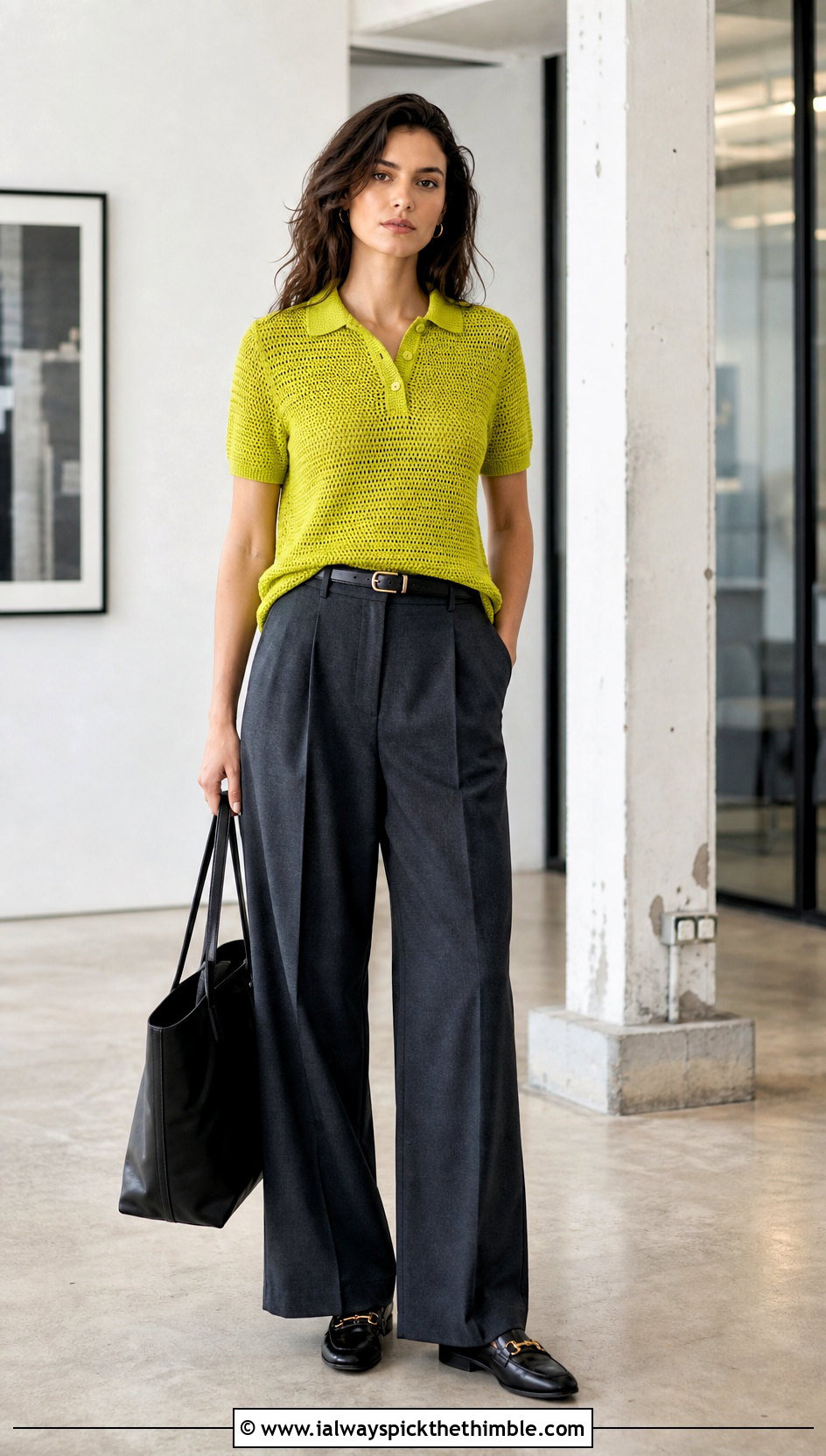 Collared Crochet Polo Top With Tailored Trousers - 25 Crochet Top With Buttons outfit ideas