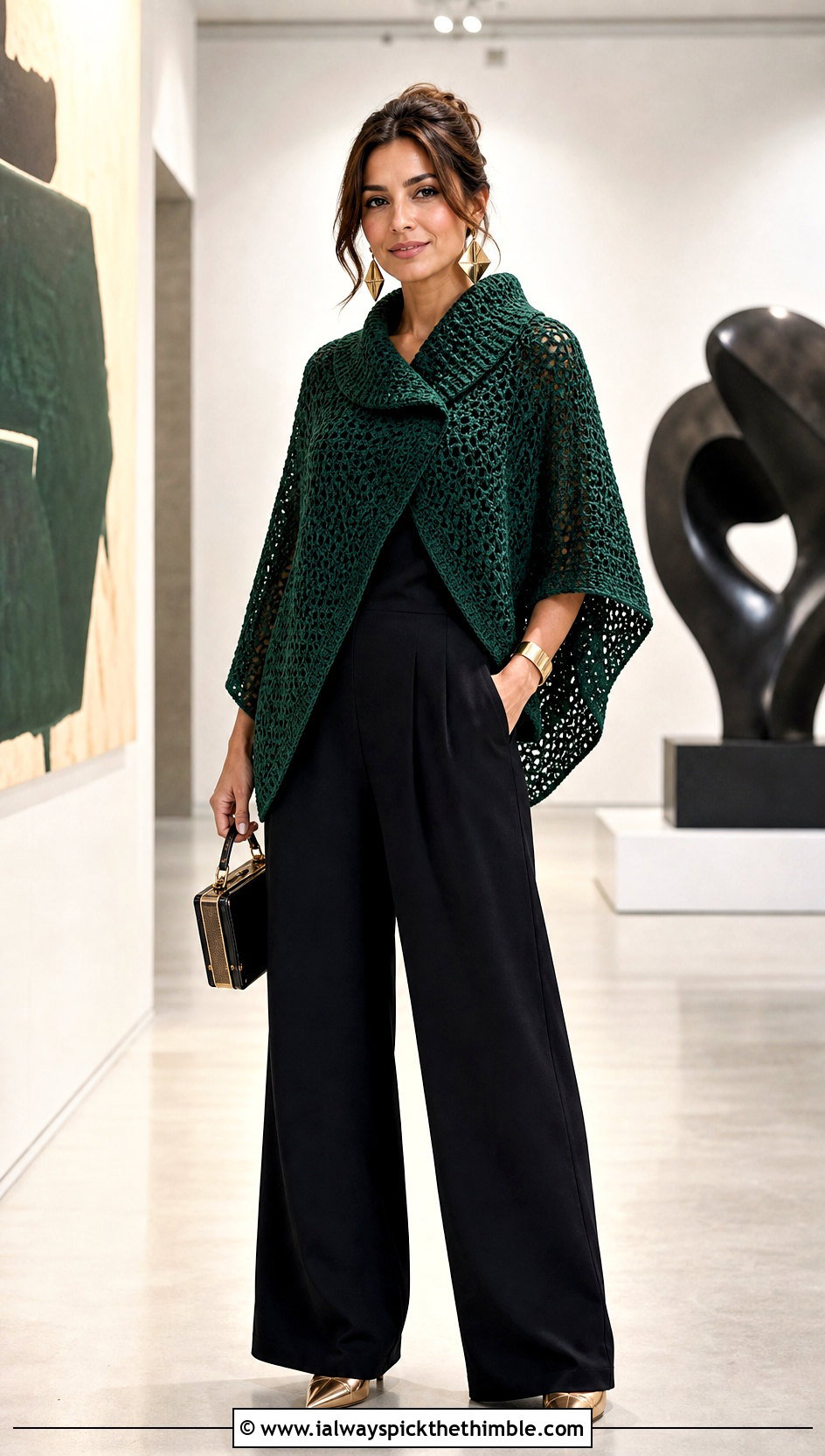 Collared Crochet Poncho With A Monochrome Jumpsuit - 20 Crochet For Poncho outfit ideas